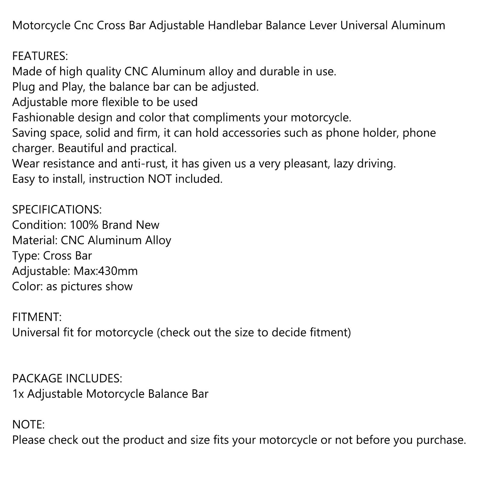 CNC Justerbar balans Kortahandtaget Bar Aluminiumspak Black Fits For Motor Generic