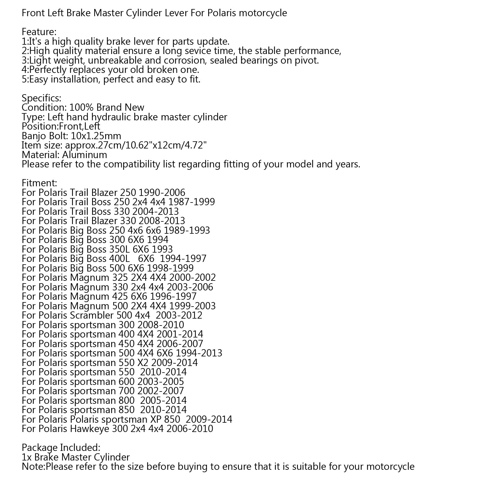 Front vänster broms mastercylinder 22mm för Polaris Sportsman 400 500 600 700 800 generisk
