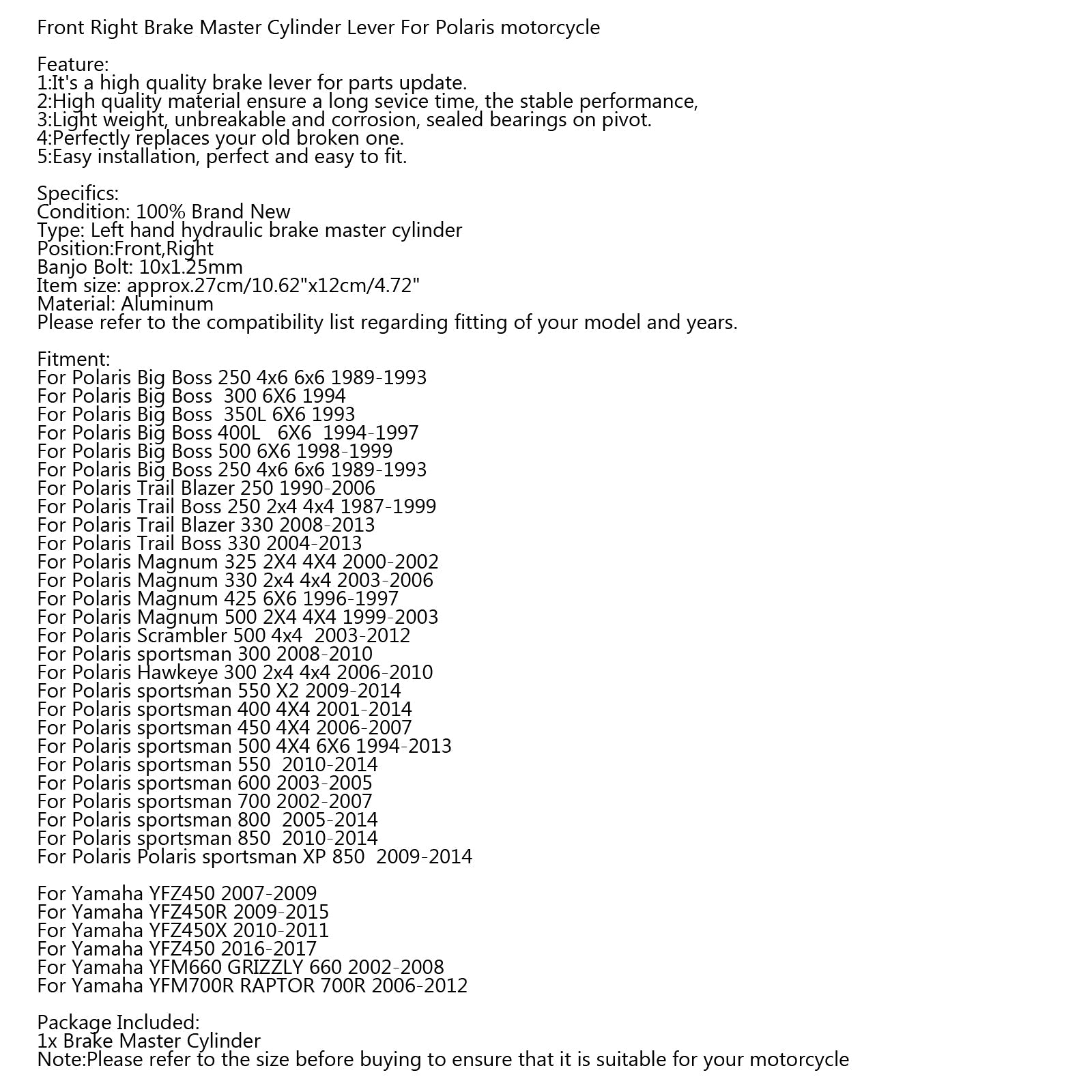 Hoofdremcilinder linksvoor 22 mm voor Polaris Sportsman 400 500 600 700 800 Generiek