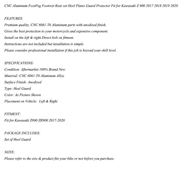 CNC hliníkové päty päty stráže zadné dosky vhodné pre Kawasaki Z900 ZR900 2017-2020 Generic