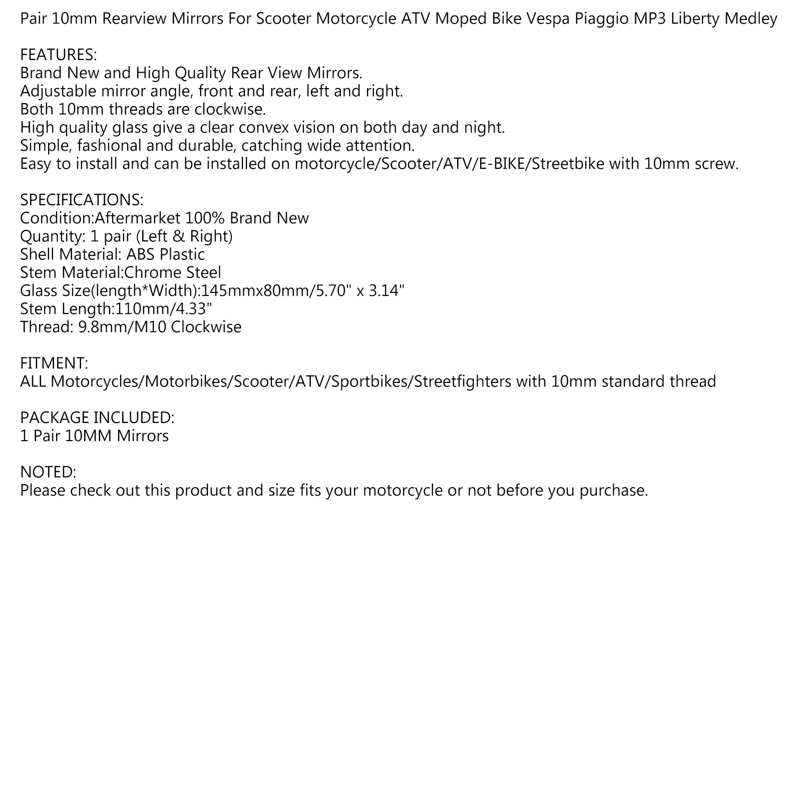 Miroirs de moto de filetage M10/10 mm