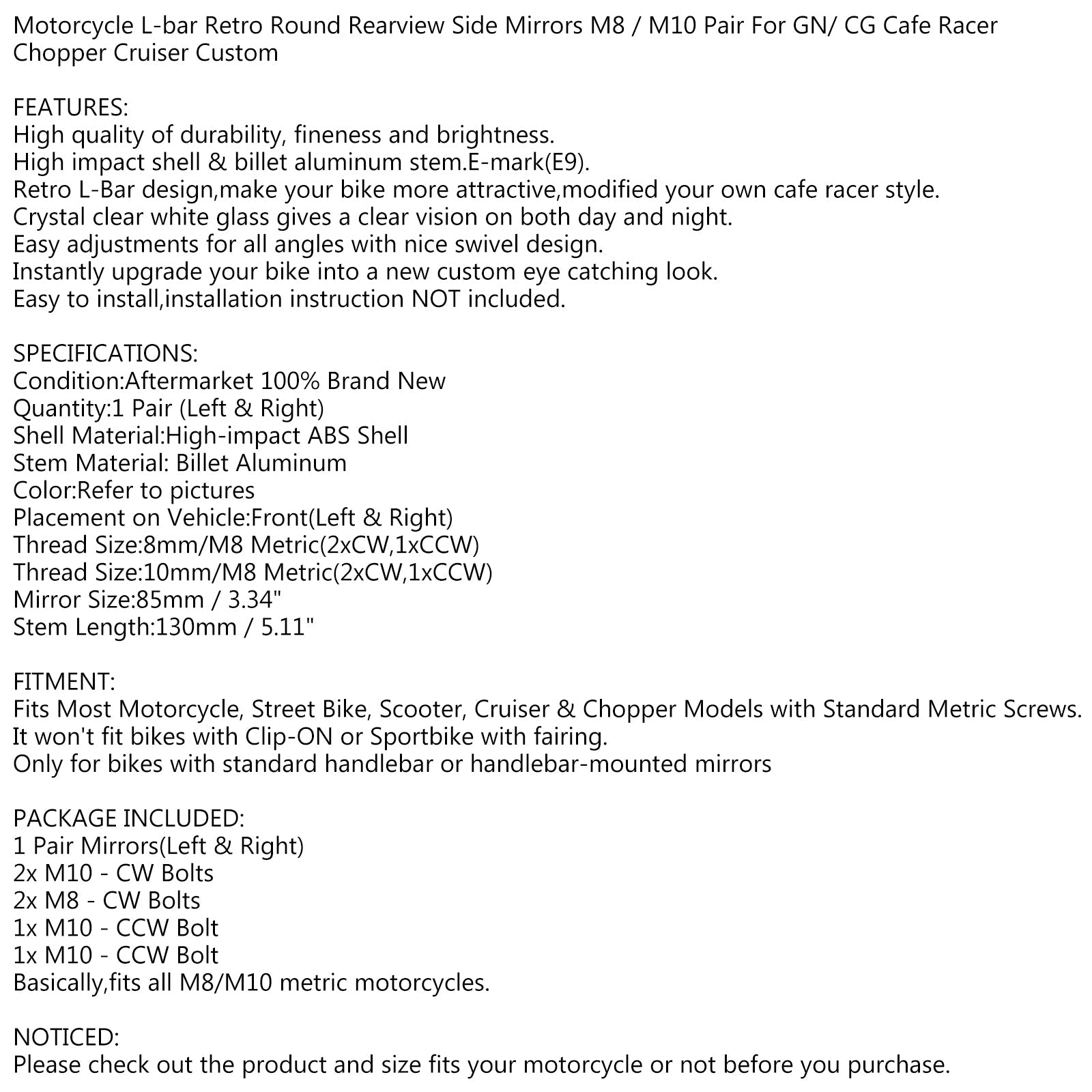 Paar M8 M10 Retro L-Bar ronde spiegels voor Cafe Racer Bobber Custom Motorcycle Generic