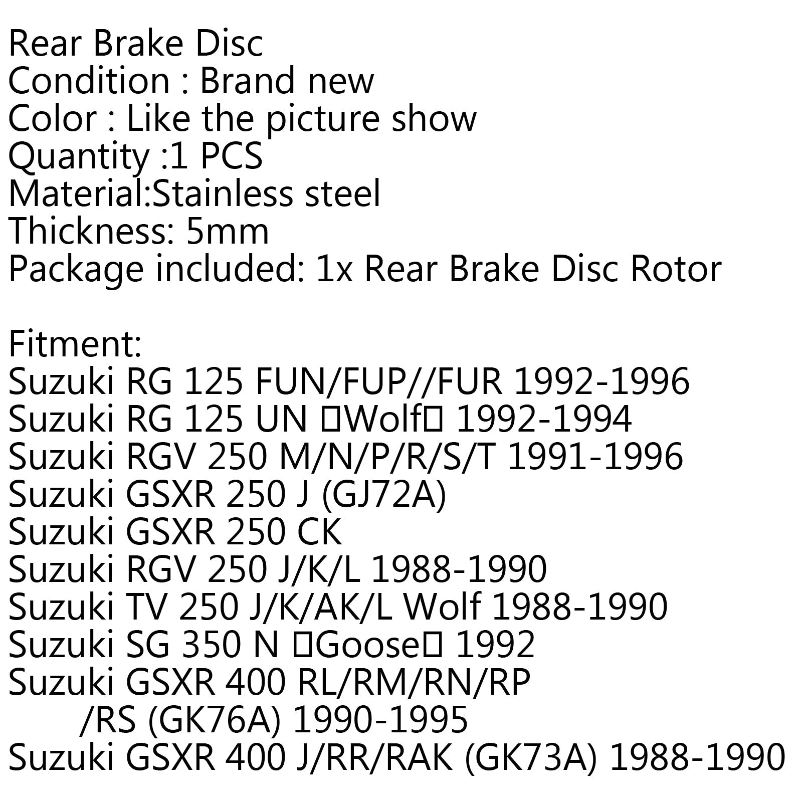 Bakre bromsskivrotor för suzuki rgv 250 m/n/p/r/s/t suzuki gsxr 250 j ck 400 generisk