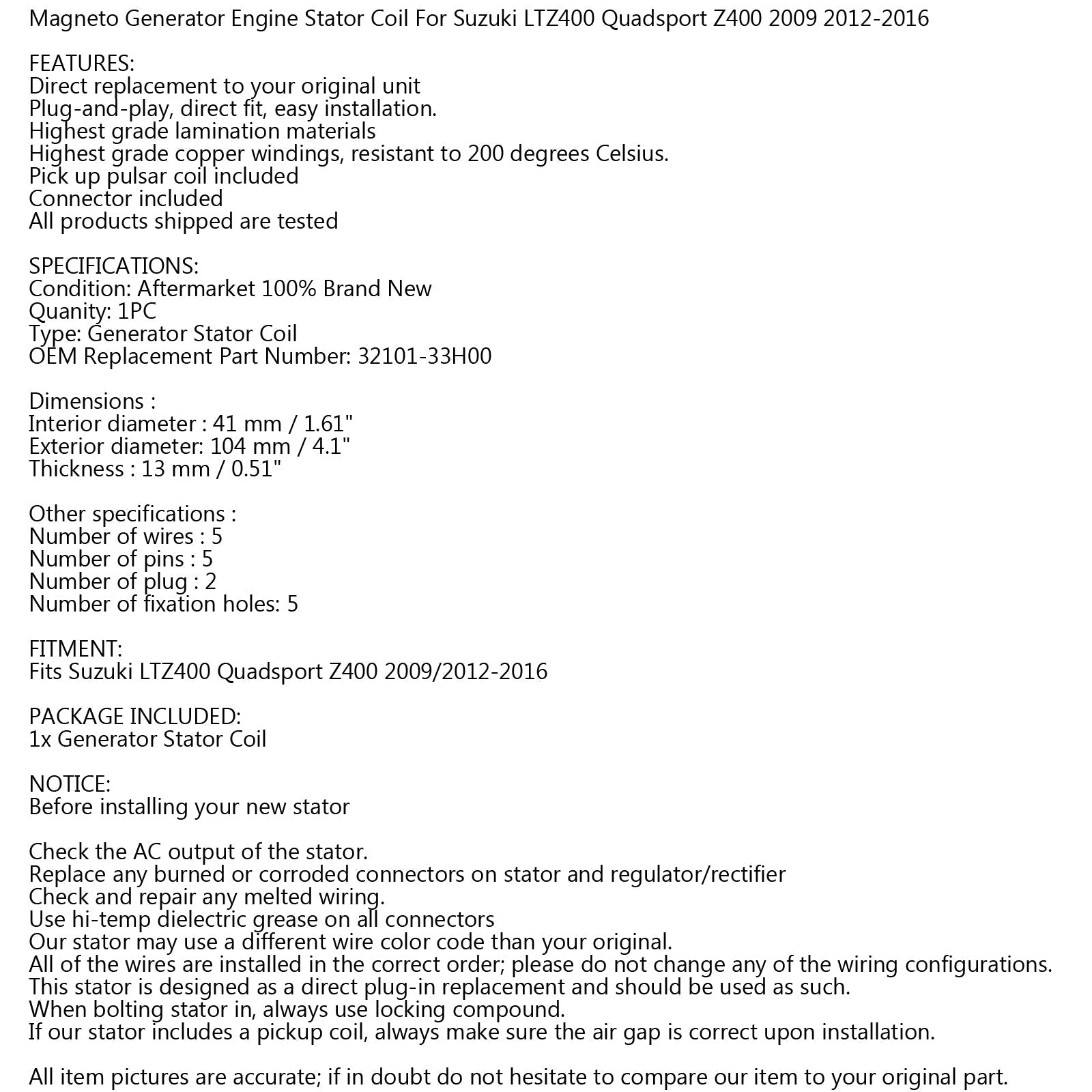 Magneto Generator Stator Coil For Suzuki LTZ 400 Quadsport Z400 2009 2012-2016 Generic