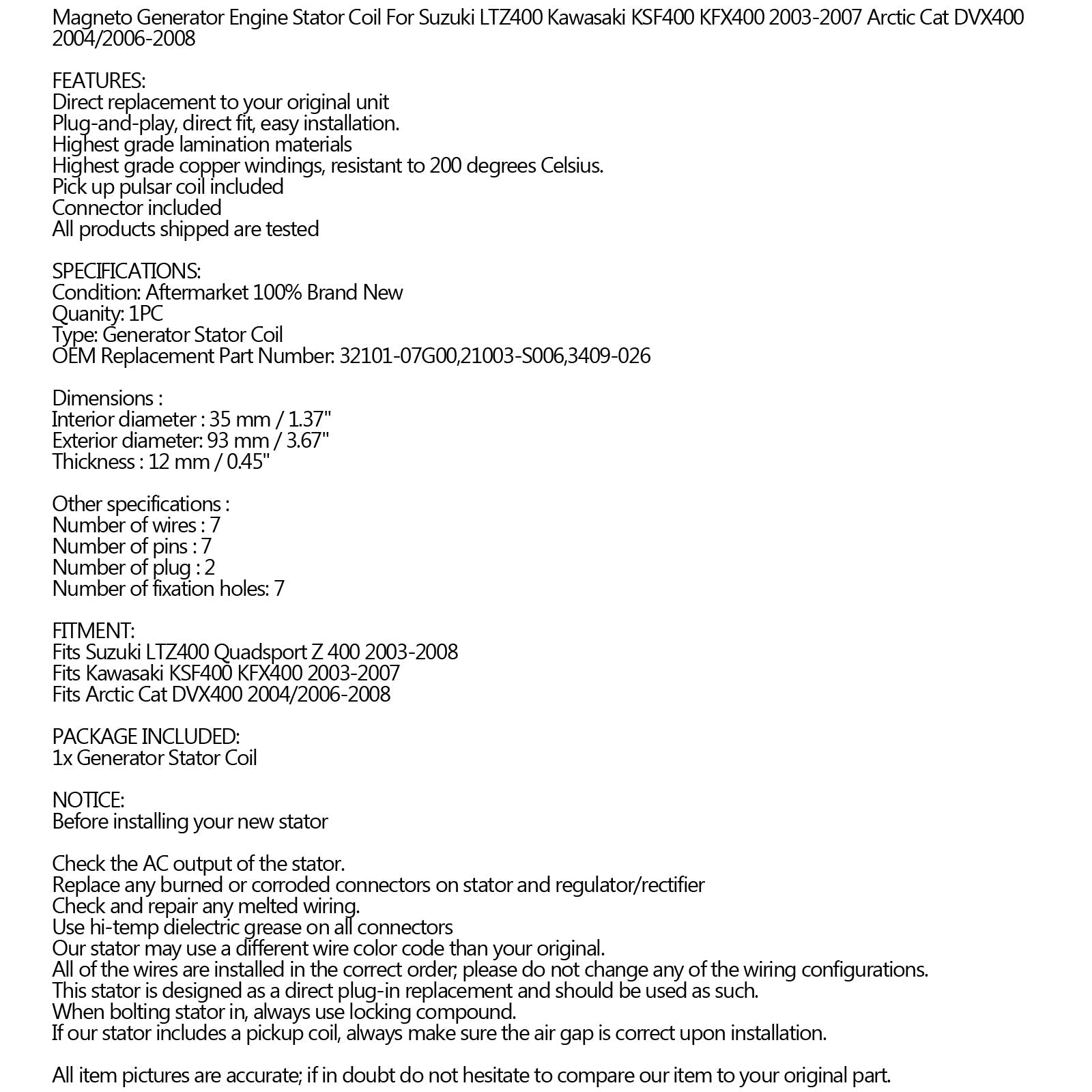 Magneto Generator Stator Bobina para Kawasaki 21003-S006 KFX400 KSF400 2003-2007 genérico