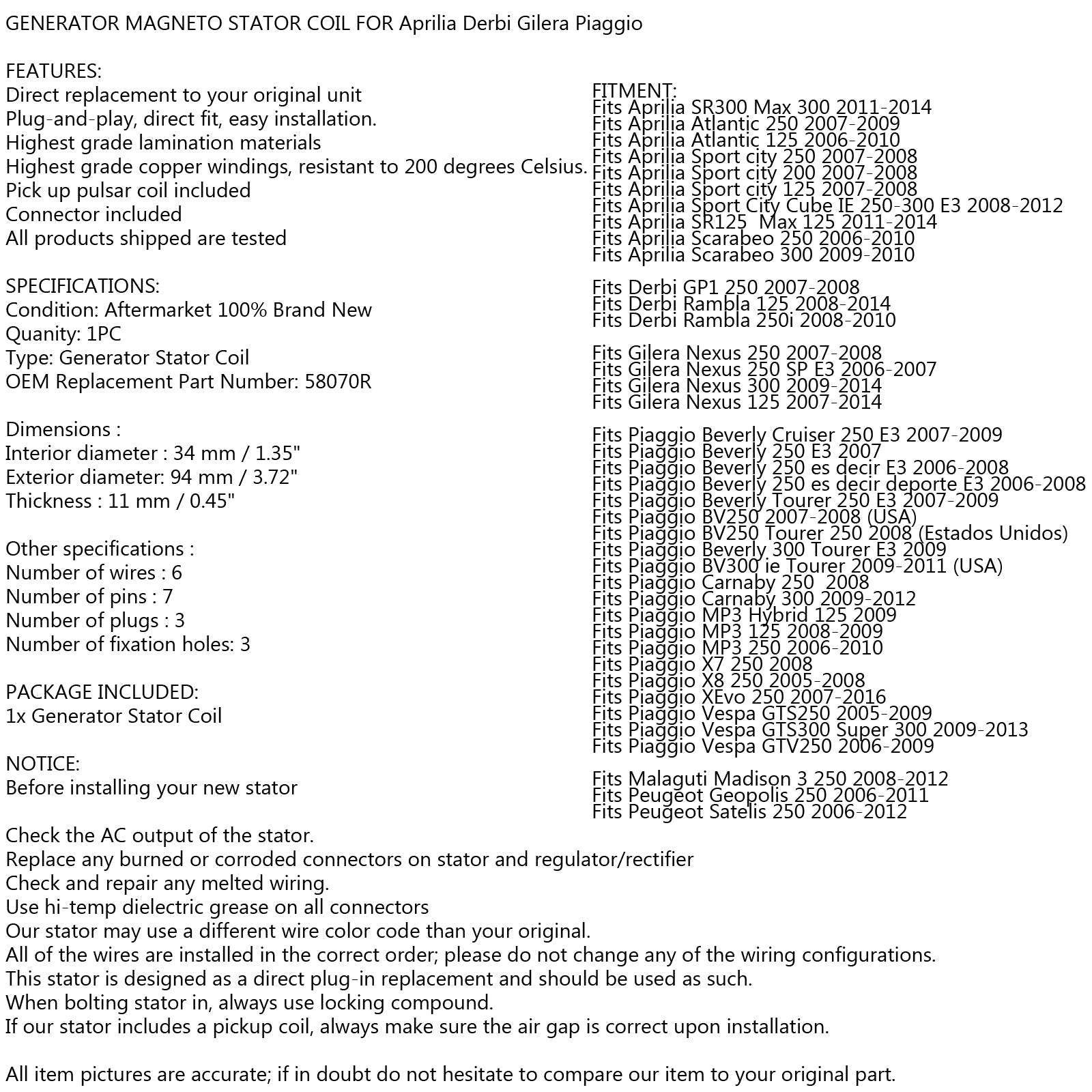 Stator passar Aprilia Atlantic SR Sport City Scarabeo 125 200 250 300 2006-2014 Generic