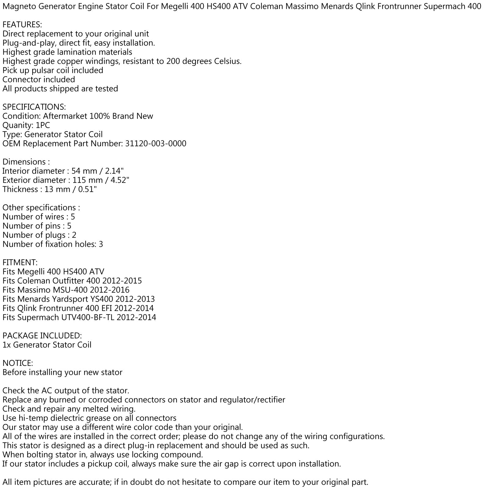 Magneto Generator Stator Coil för Hisun 400 UTV Coleman Massimo Yardsport Qlink Generic