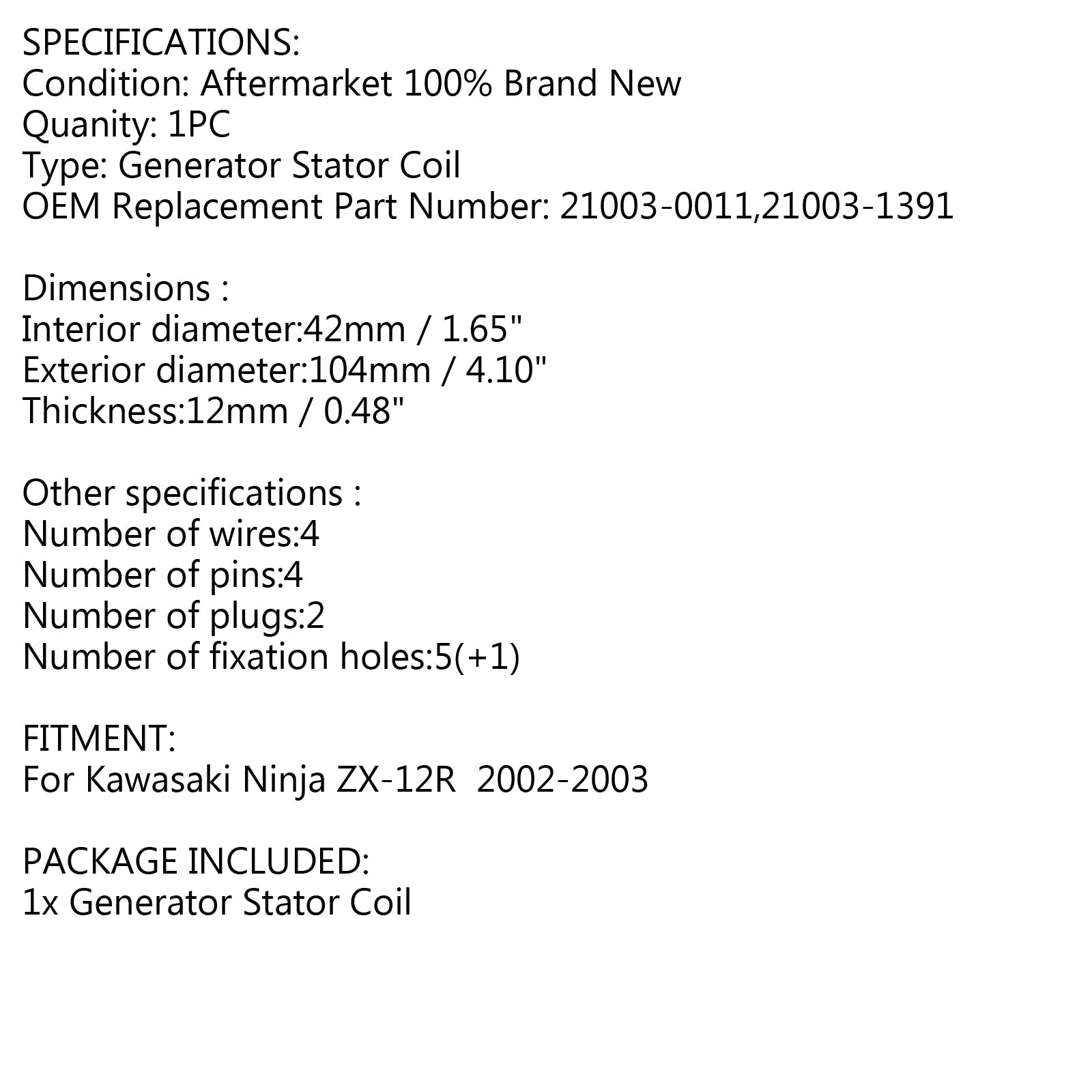 2002 2003 Kawasaki Ninja ZX 12R ZX12R ZX1200B ZX-12R Generator Stator Generic