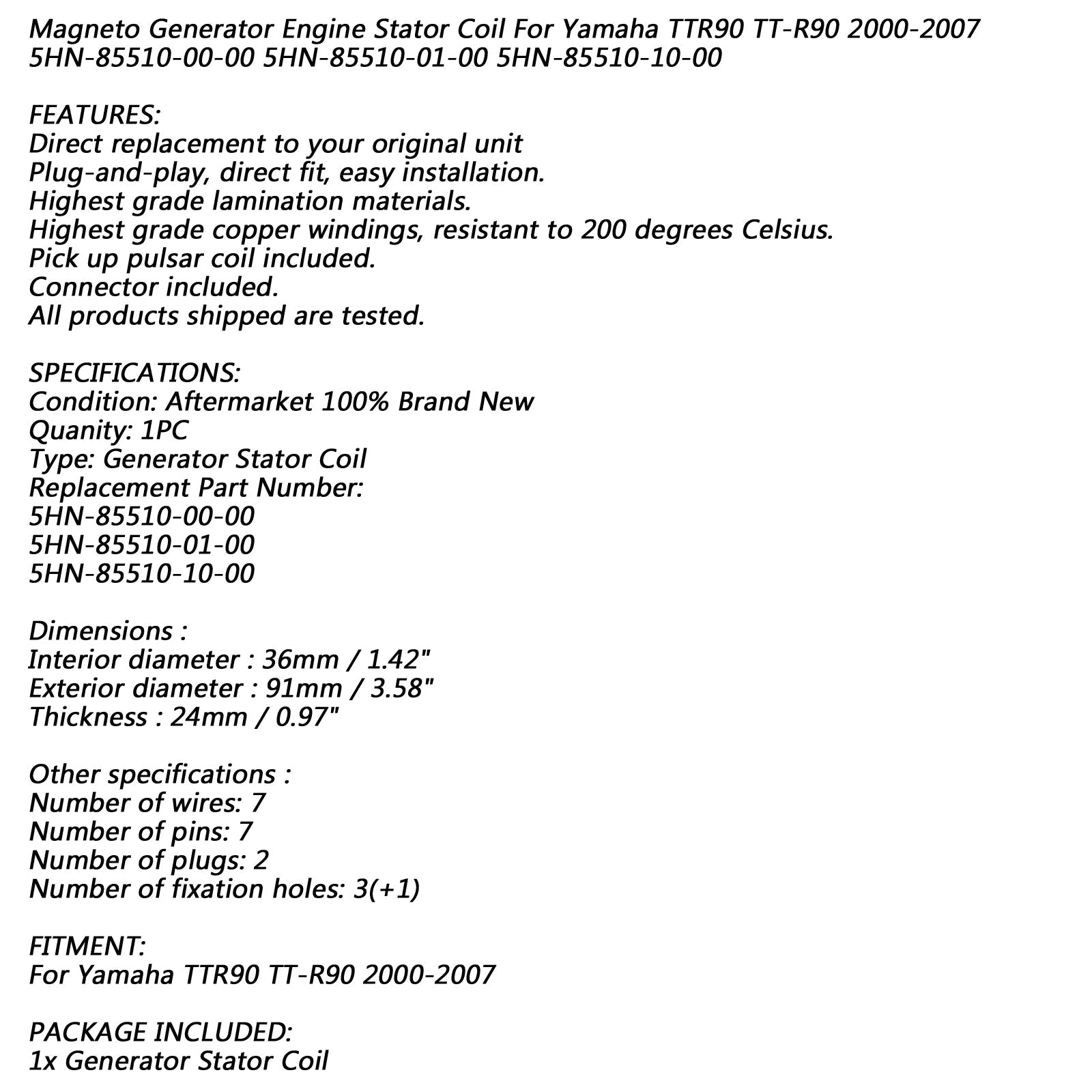 Stator Coil 6 Poliaci pre Yamaha TTR90 2000 2001 2002 2003 2004 2005 2006 2007 Generic