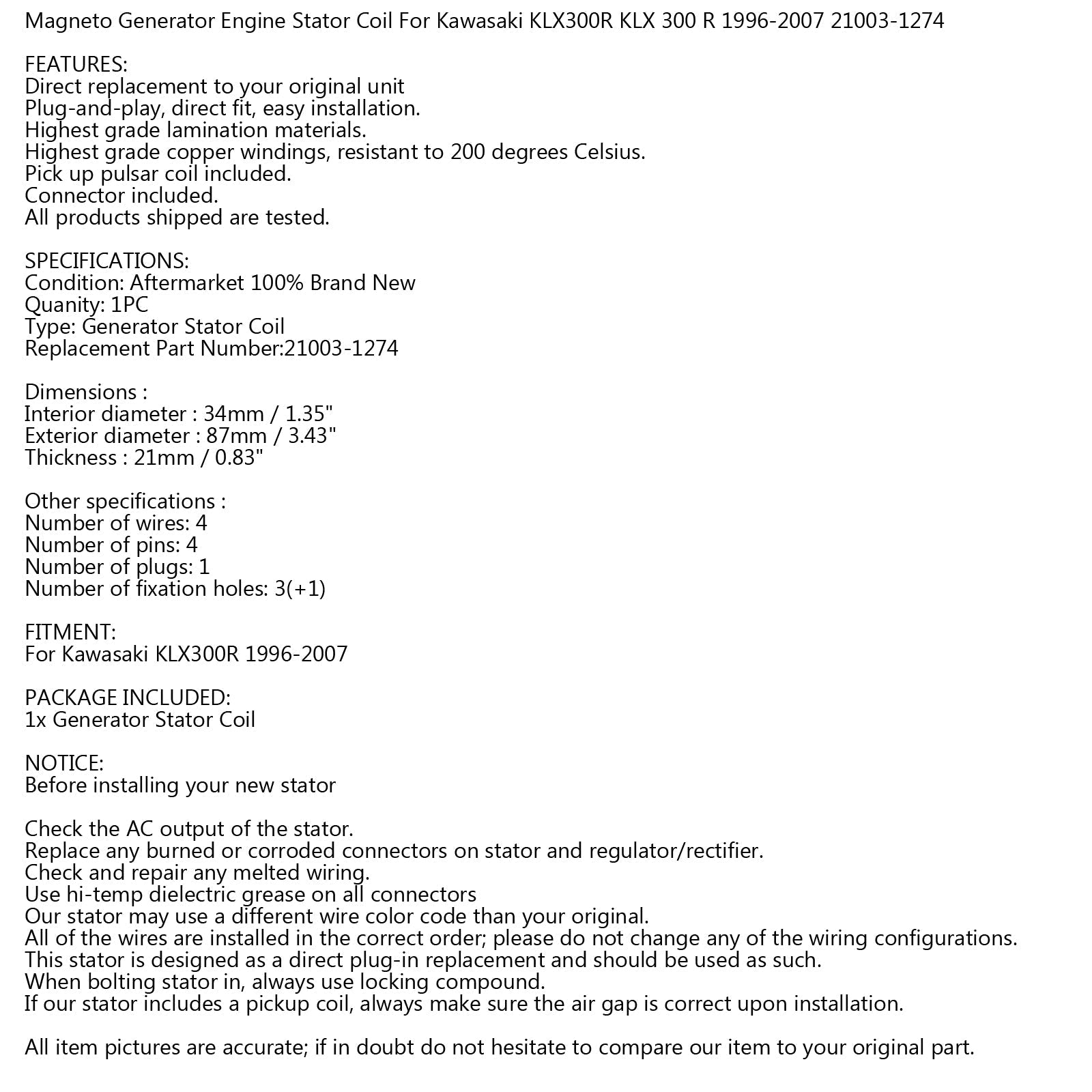 Alternator stator cievka pre kawasaki klx 300 klx300r 1996-2007 #.21003-1274 generický