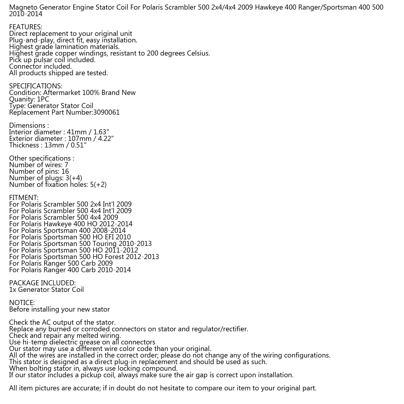 Bobine de Stator d'alternateur pour Polaris Sportsman Ranger 400 500 08-14 #.3090061 générique