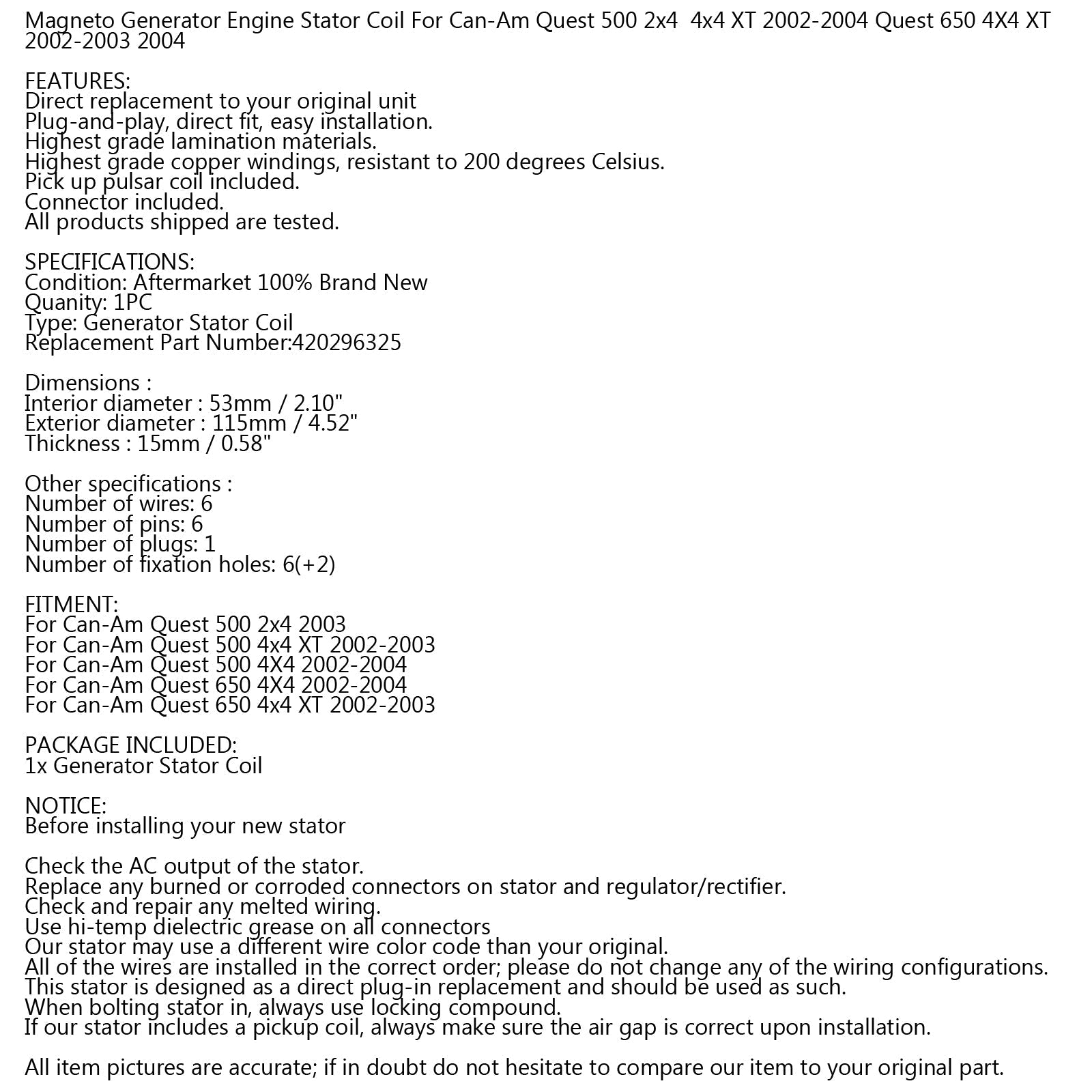 Generator Stator Coil för Can-Am Quest 500 650 4x4 02-04 Bombardier 420296325 Generisk