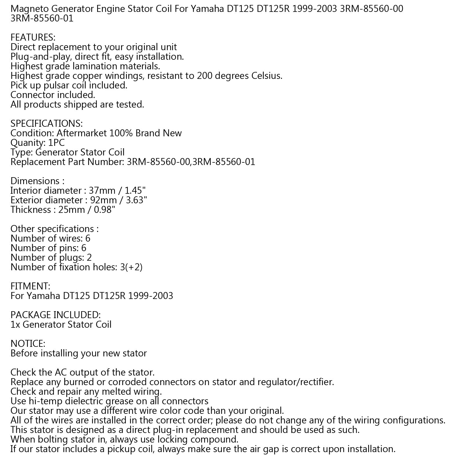 Generator Stator Coil för Yamaha DT125 DT125R 99-03 3RM-85560-00 3RM-85560-01 Generisk