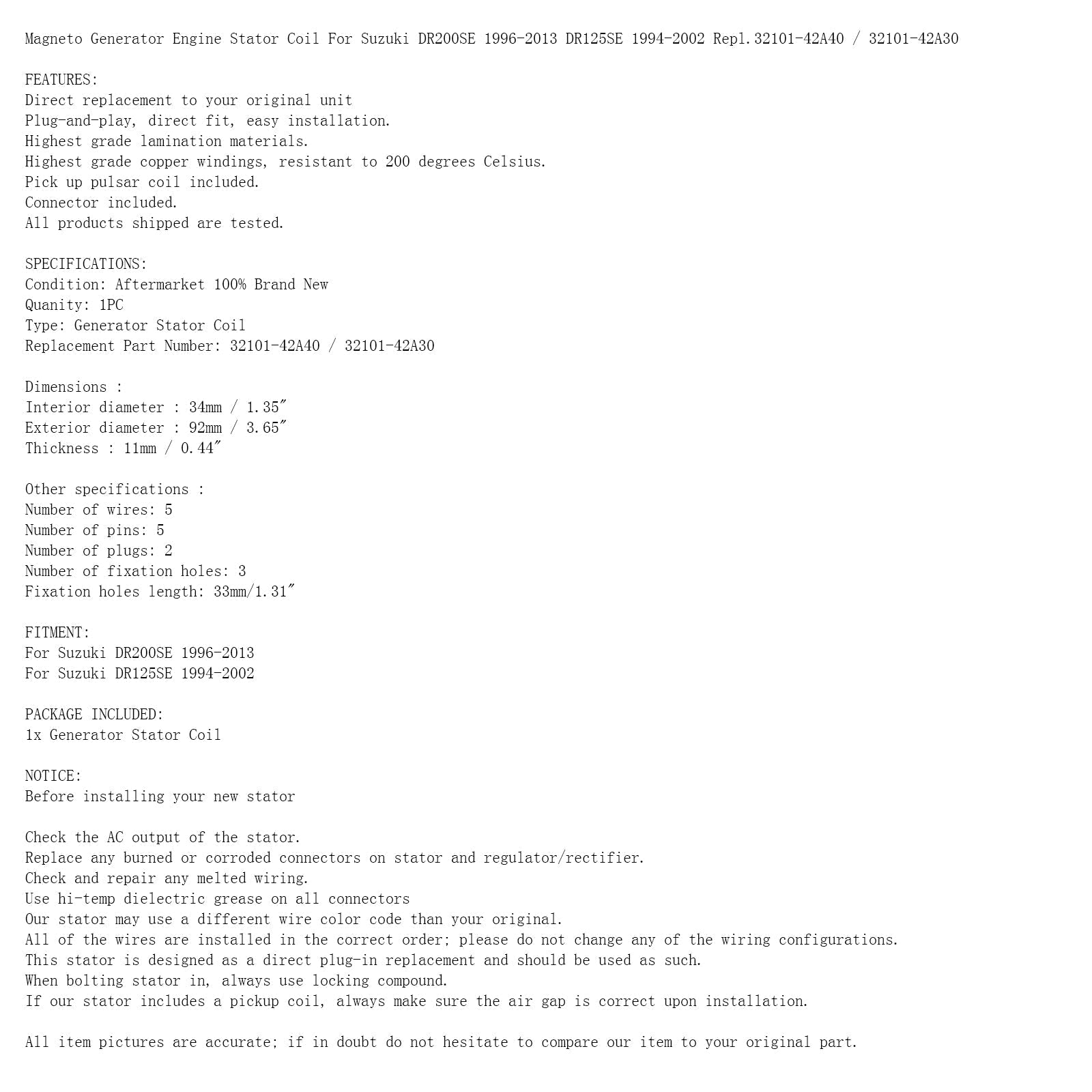 Magneto Generator Engine Stator Coil för Suzuki DR 125 200 SE 1994-2013 32101-42A30 32101-42A40