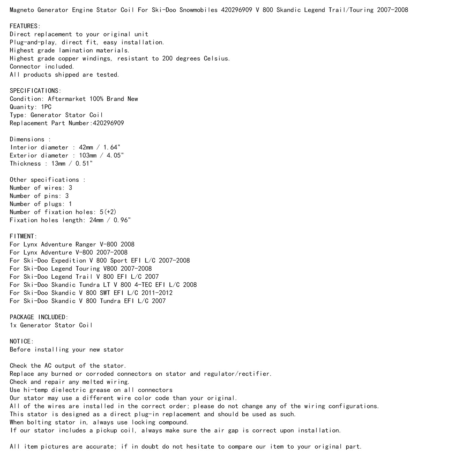 Generator Stator för Lynx V-800 Adventure/Adventure Ranger V 800 2007 2008 Generic