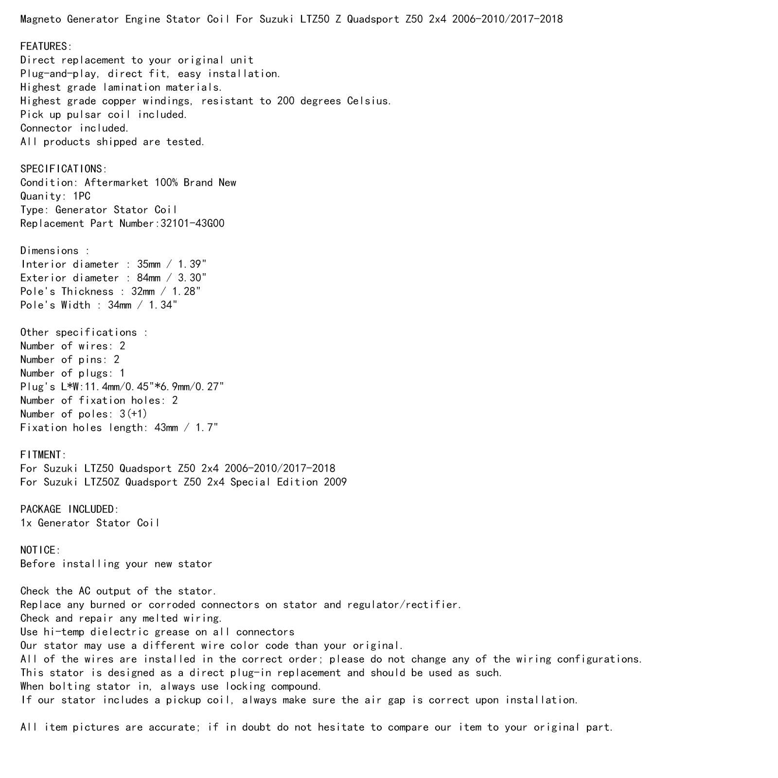 Magneto Stator Bobina para Suzuki LTZ50 /Z Quadsport Z50 2X4 2006-2018 32101-43G00 Genérico