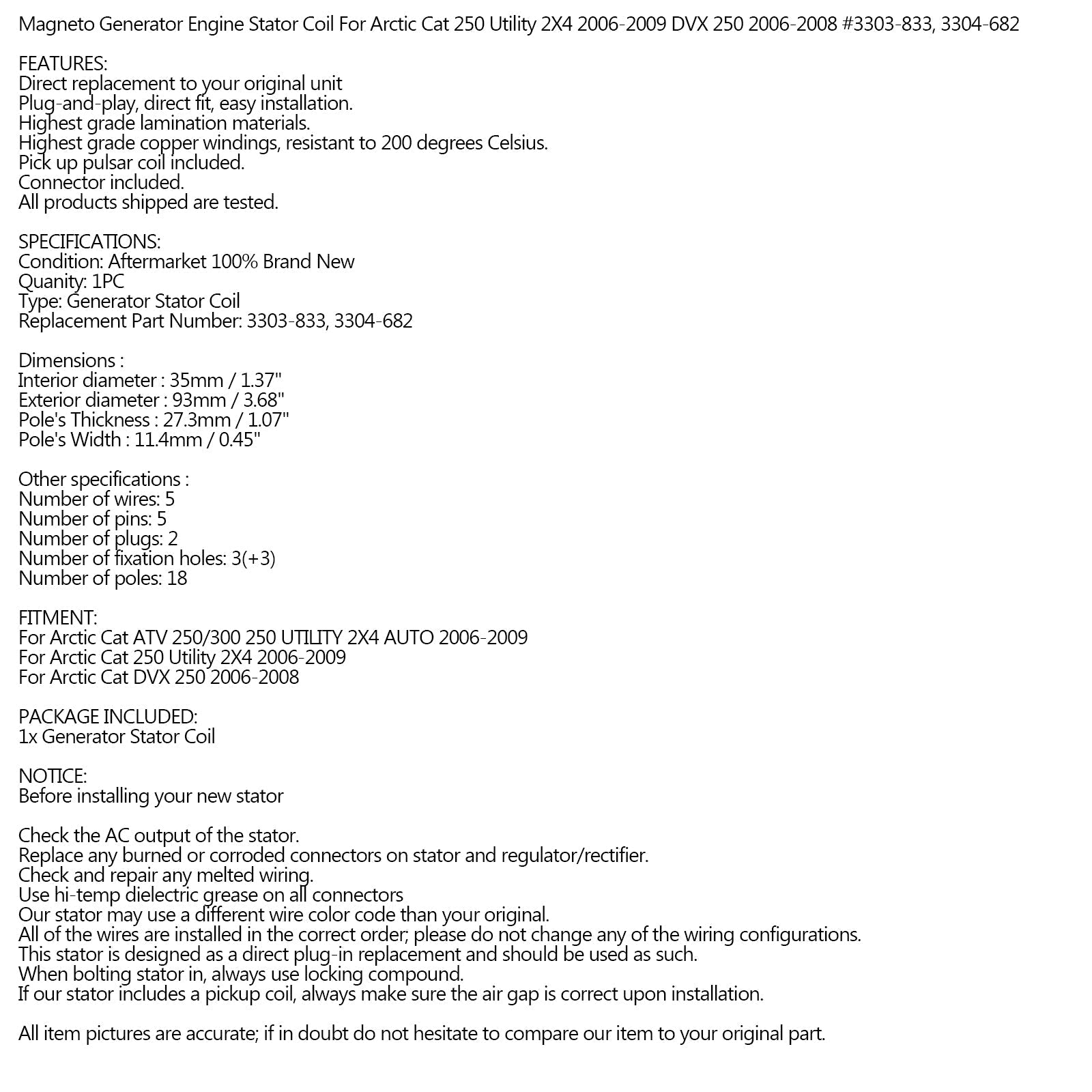 Generatorstator voor Arctic Cat 06-09 ATV 250/300 UTILITY 2x4 3303-833 3304-682 Generiek