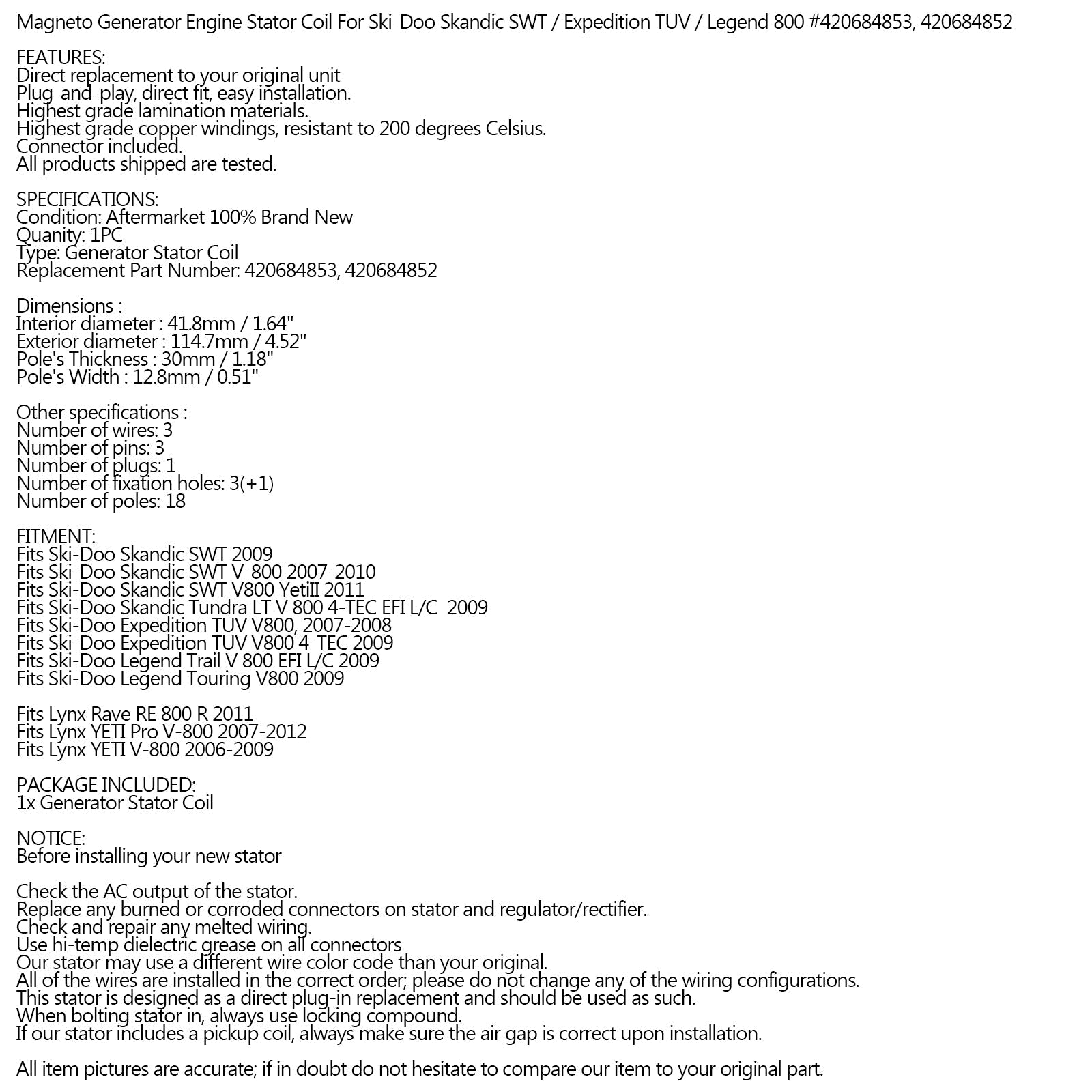 Stator Magneto för Ski-Doo Skandic Expedition Legend V800 420684853 420684852 Generisk