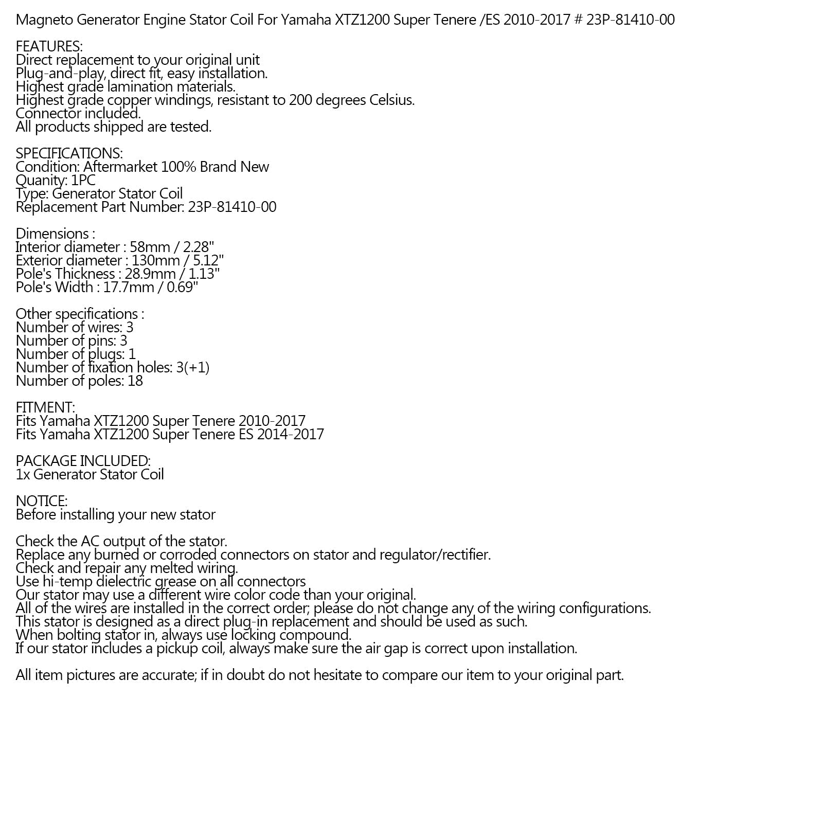 Stator Magneto för Yamaha XTZ1200 Super Tenere 1200 10-17 REPL 23P-81410-00-00 Generisk