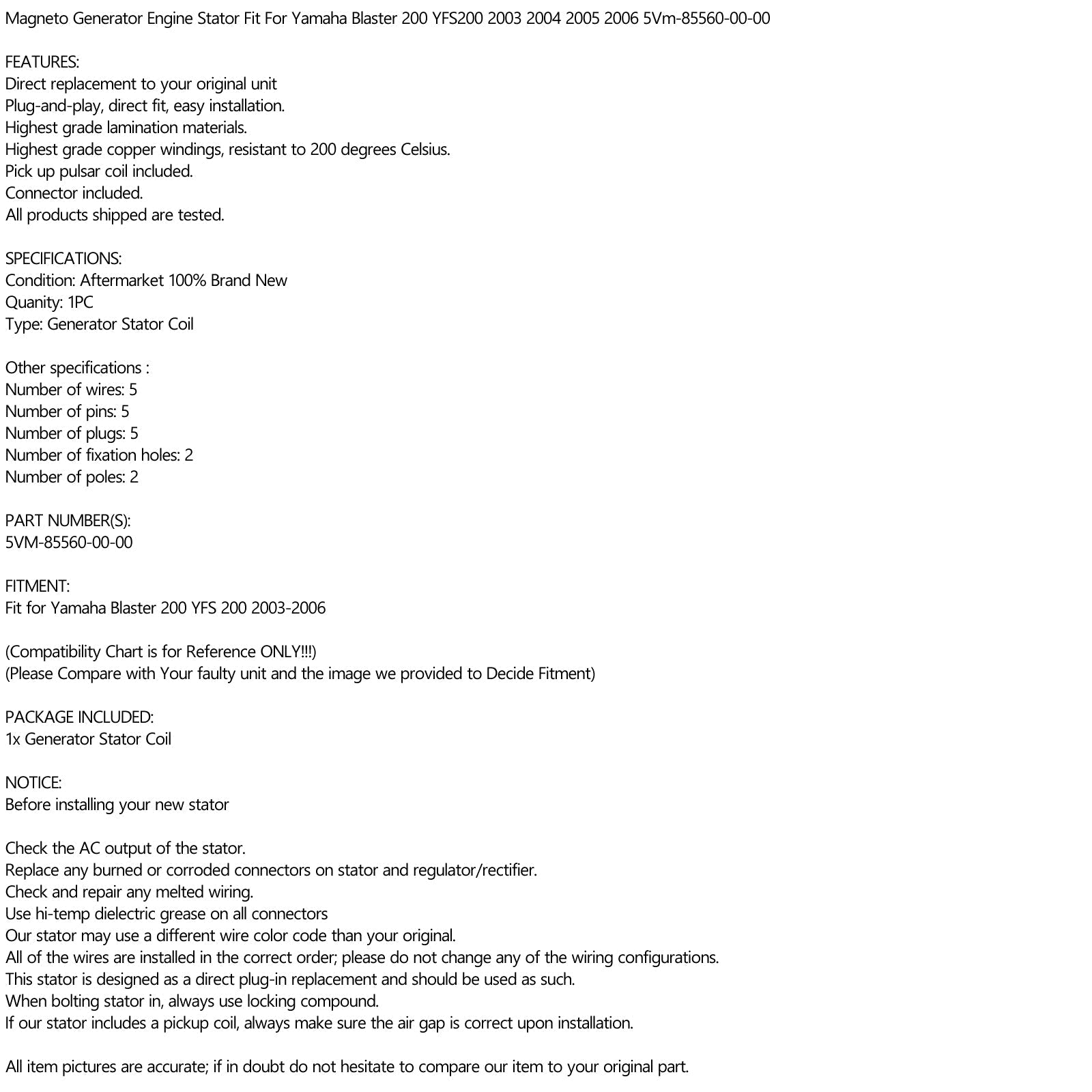 Areyourshop STATOR GENERATOR DYNAMO Fit voor Yamaha YFS200 Blaster 200 2003-2006 05 04