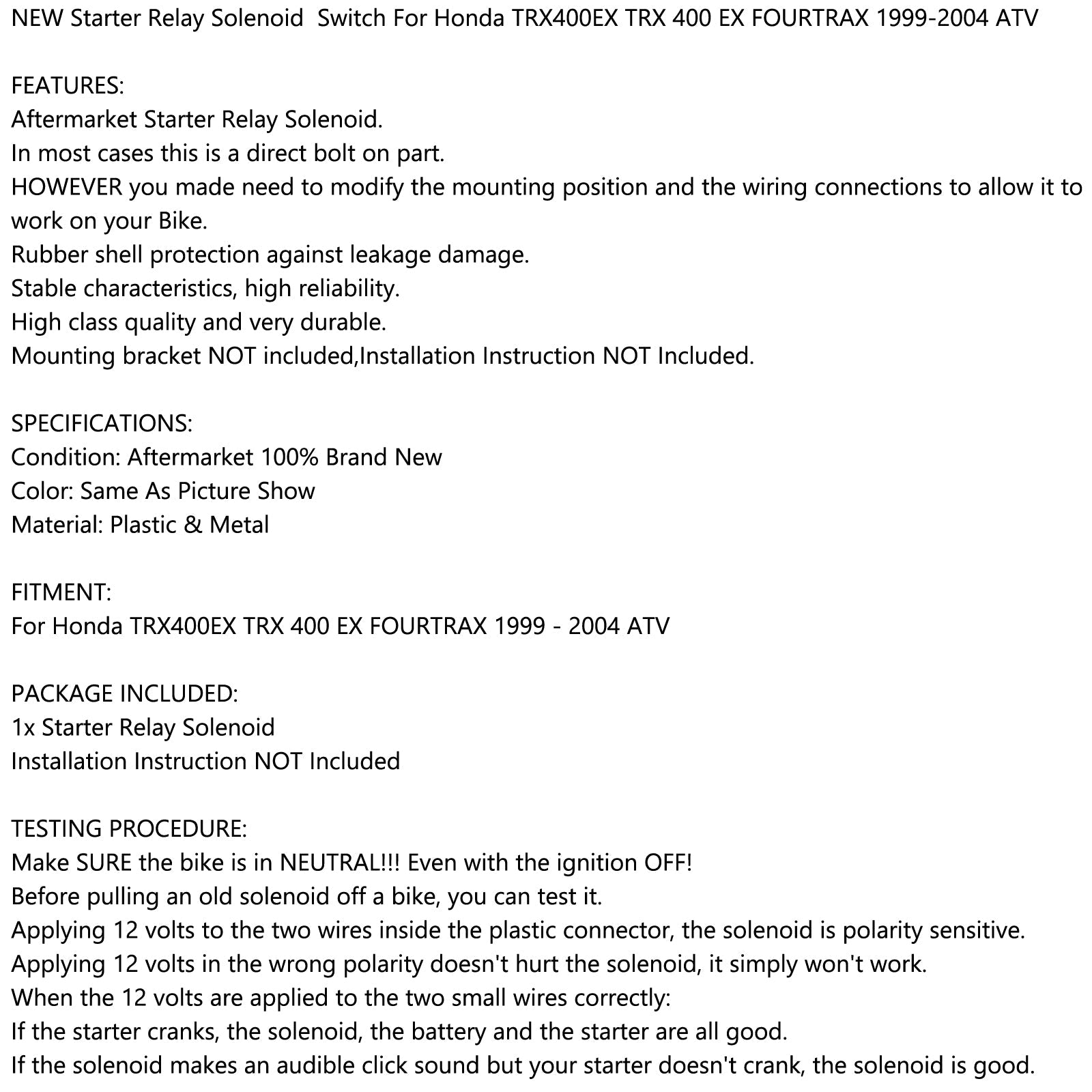 Solénoïde de relais de démarreur pour Honda TRX400EX TRX 400 EX FOURTRAX 1999-2004 ATV nouveau générique