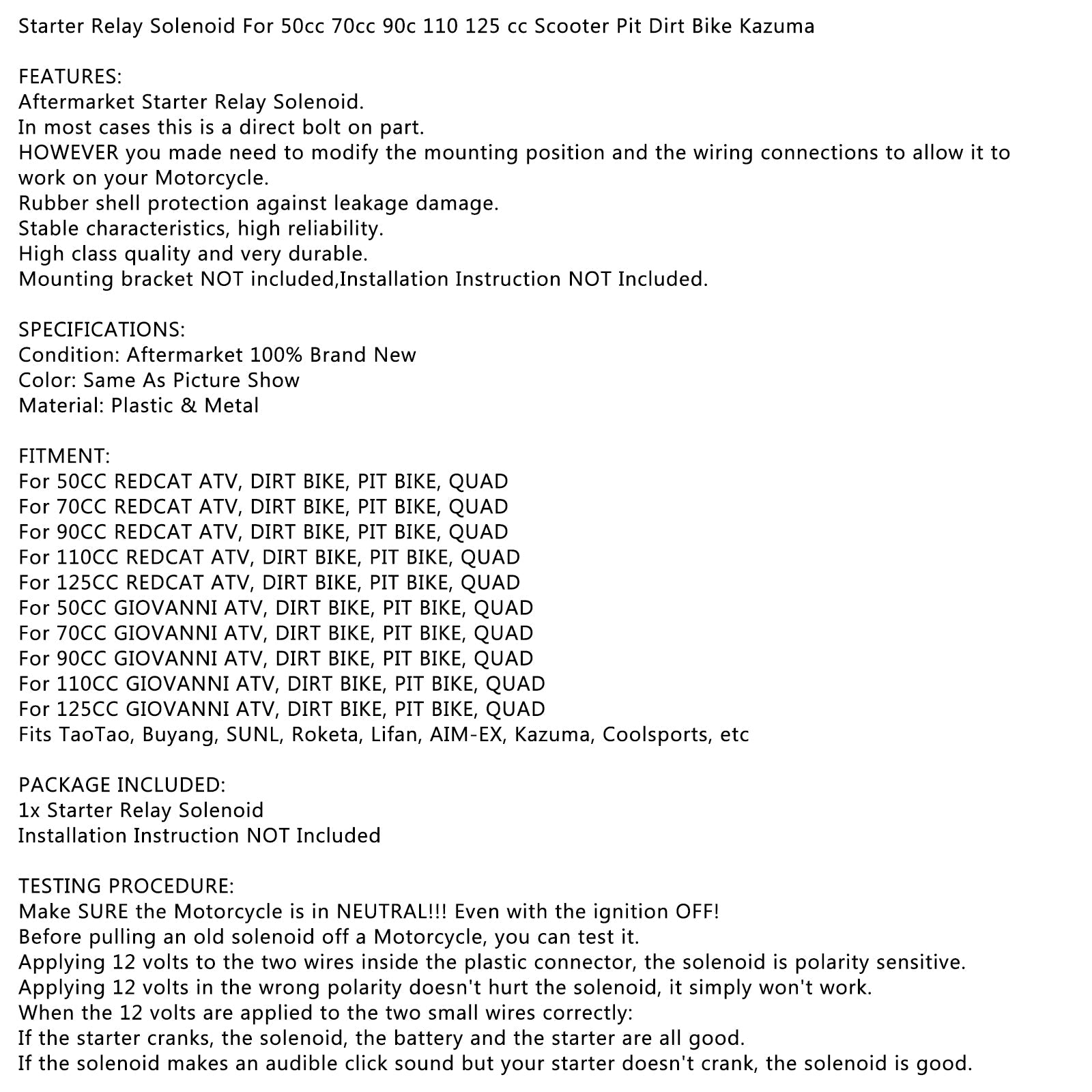 Starter Relay Solenoid för 50cc 70cc 90c 110 125 CC Scooter Pit Dirt Bike Kazuma Generic
