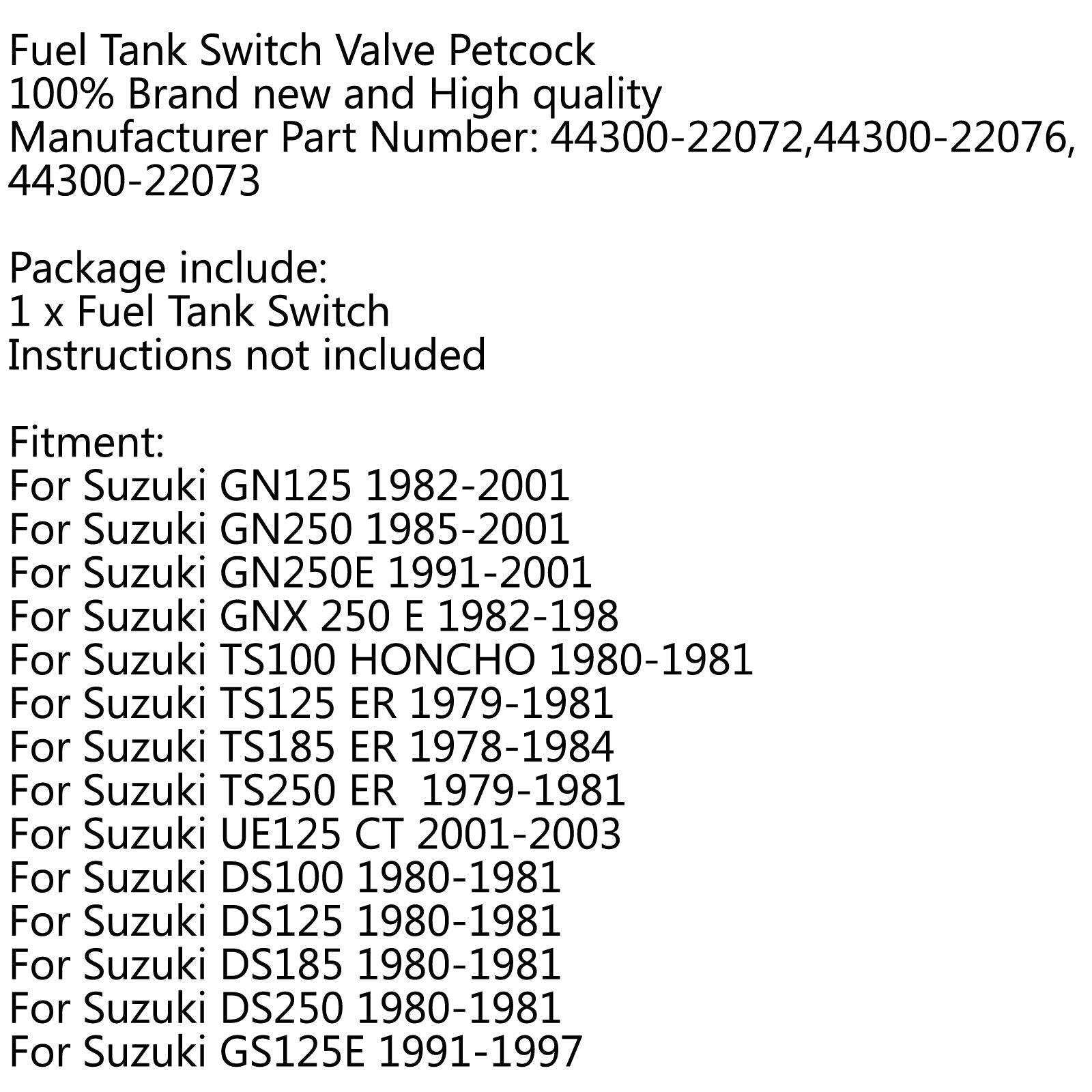 Palivový spínač paliva na plynovú nádrž PALICKÝ ČASŤ PETCOCK PRE SUZUKI GN 125 250 TS100 DS100 DS250 GENERIC