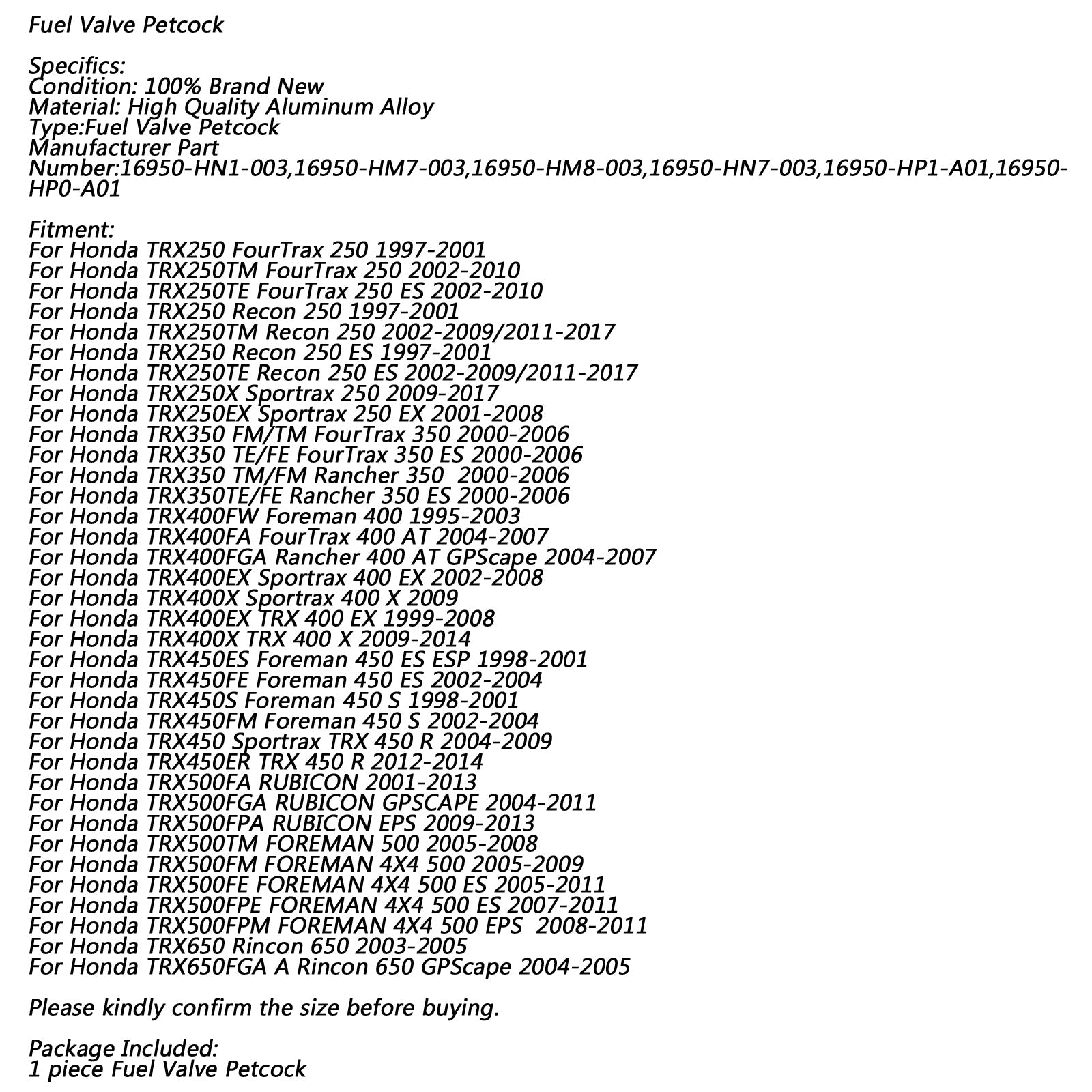 Bränslegas petcock ventilomkopplare för Honda 16950-HN1-003 TRX400EX TRX400 TRX450 generisk