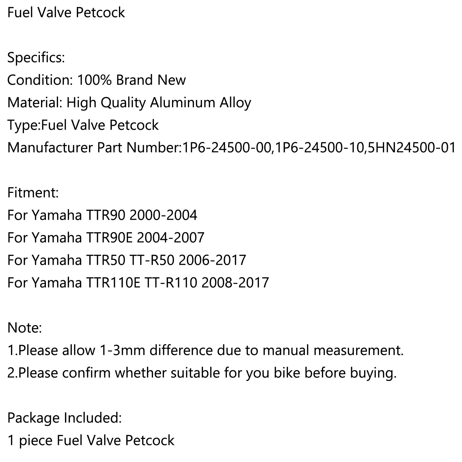 PETCOCK PETCOCK PETCOCK 1P6-24500-00 PRE YAMAHA TTR90 TTR50 TTR110E TTR110 GENERIC
