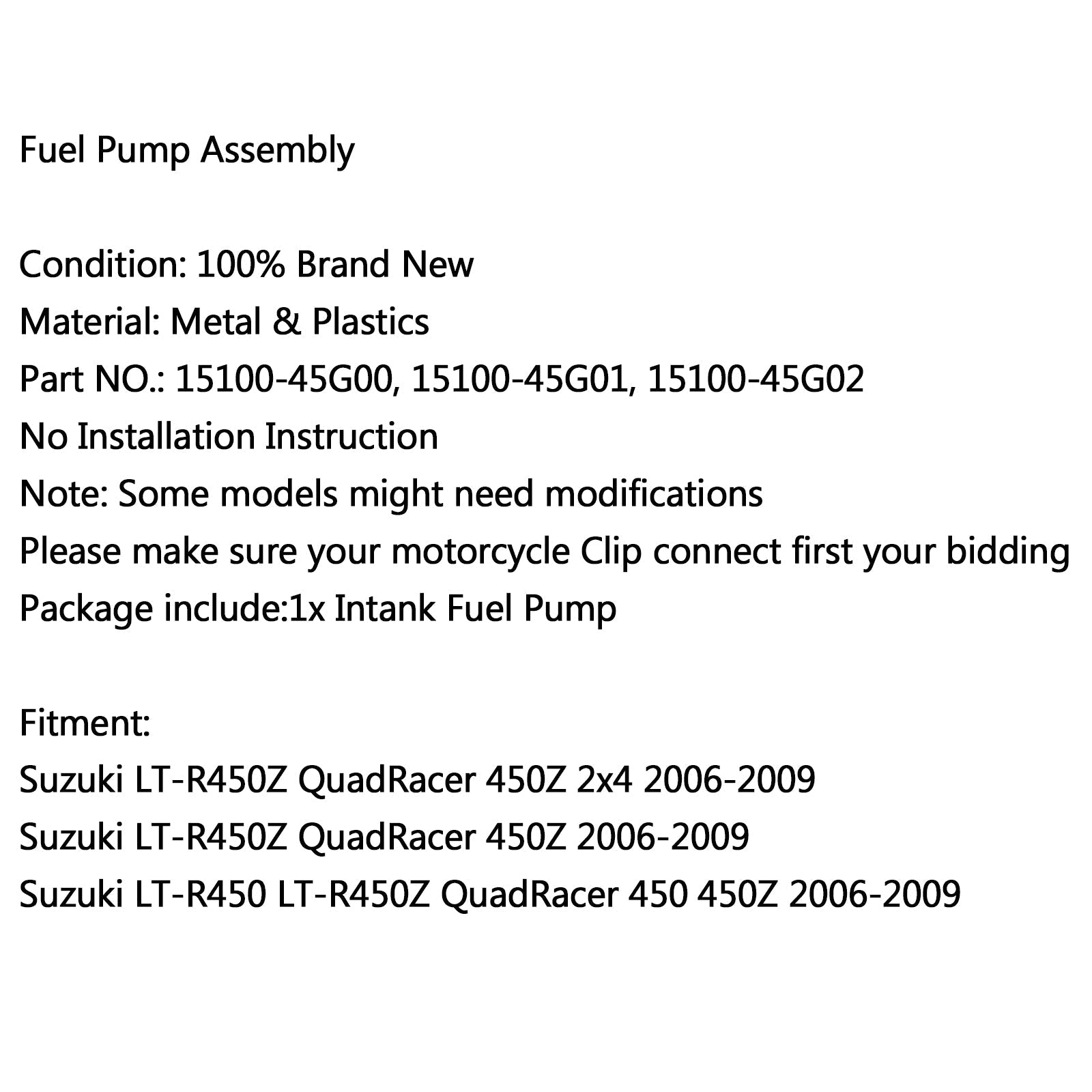 Ny bränslepump för Suzuki LT-R450Z Quadracer 450Z 2x4 2006-2009 LT-R450 2006-2009 Generic