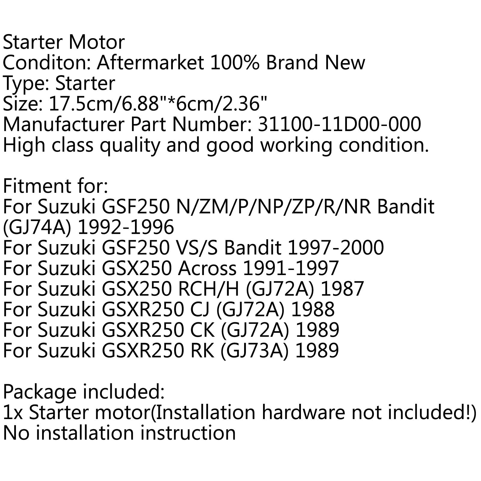 Motor de partida para Suzuki GSF250 vs/s Bandit 1997-2000 GSX250 em 1991-1997 genérico