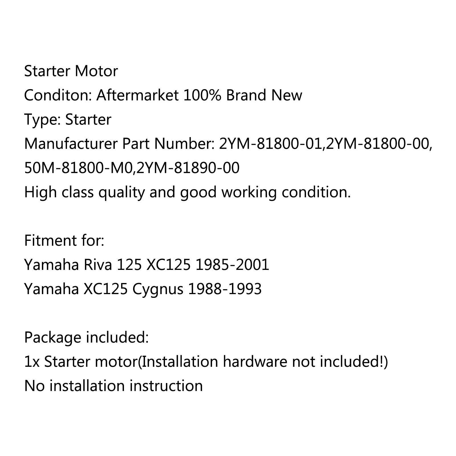 Motorstarter voor Yamaha Riva 125 XC125 1985-2001 XC125 Cygnus 1988-1993 Generiek