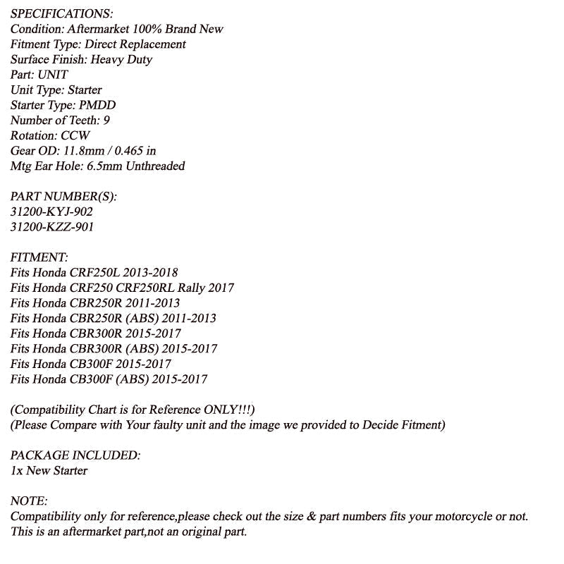 Nouveau démarreur pour Honda CBR250R 11-13 CBR300R CB300F CRF250L CRF250 RALLY 13-18 GÉNÉRIC