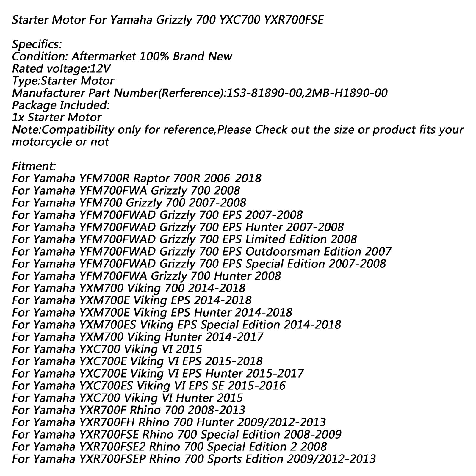 2008-2009 YAMAHA YXR700FSE RHINO 700 SPECIAL EDITION NEW STARTER MOTOR STARTA 9-SPLINE 1S3-81890-00-00