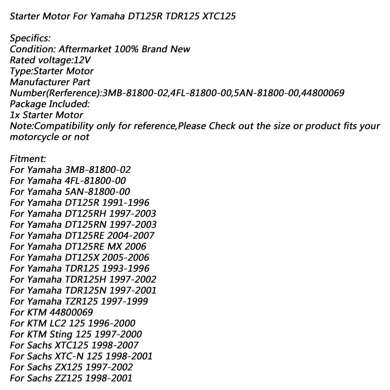 Startermotor för Yamaha DT125R 91-96 DT125 RE TDR125 TDR125H KTM LC2 125 SACHS GENERISK