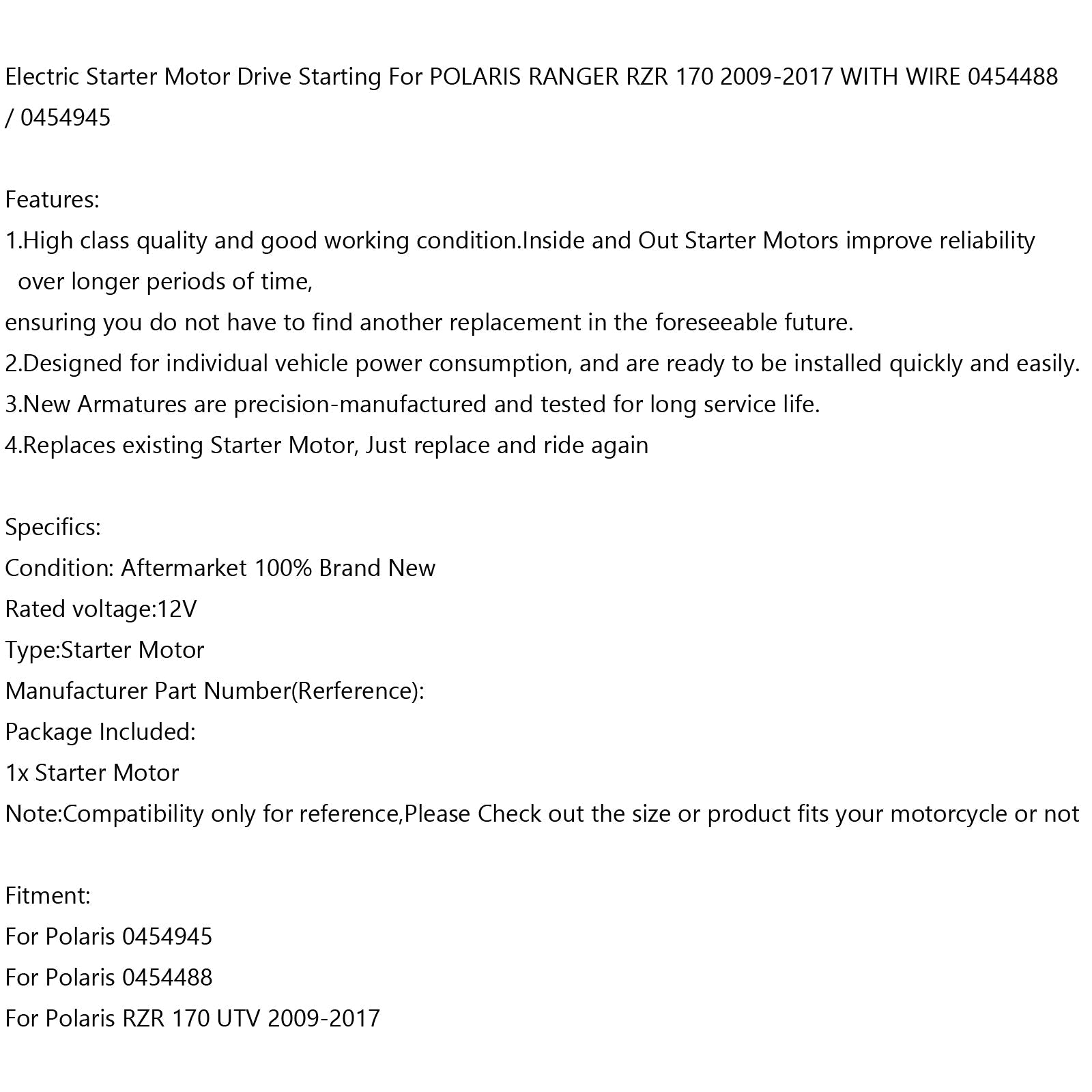 Elektrisk startmotor med tråd för Polaris RZR 170 UTV 2009-17 0454488 0454945 Generisk