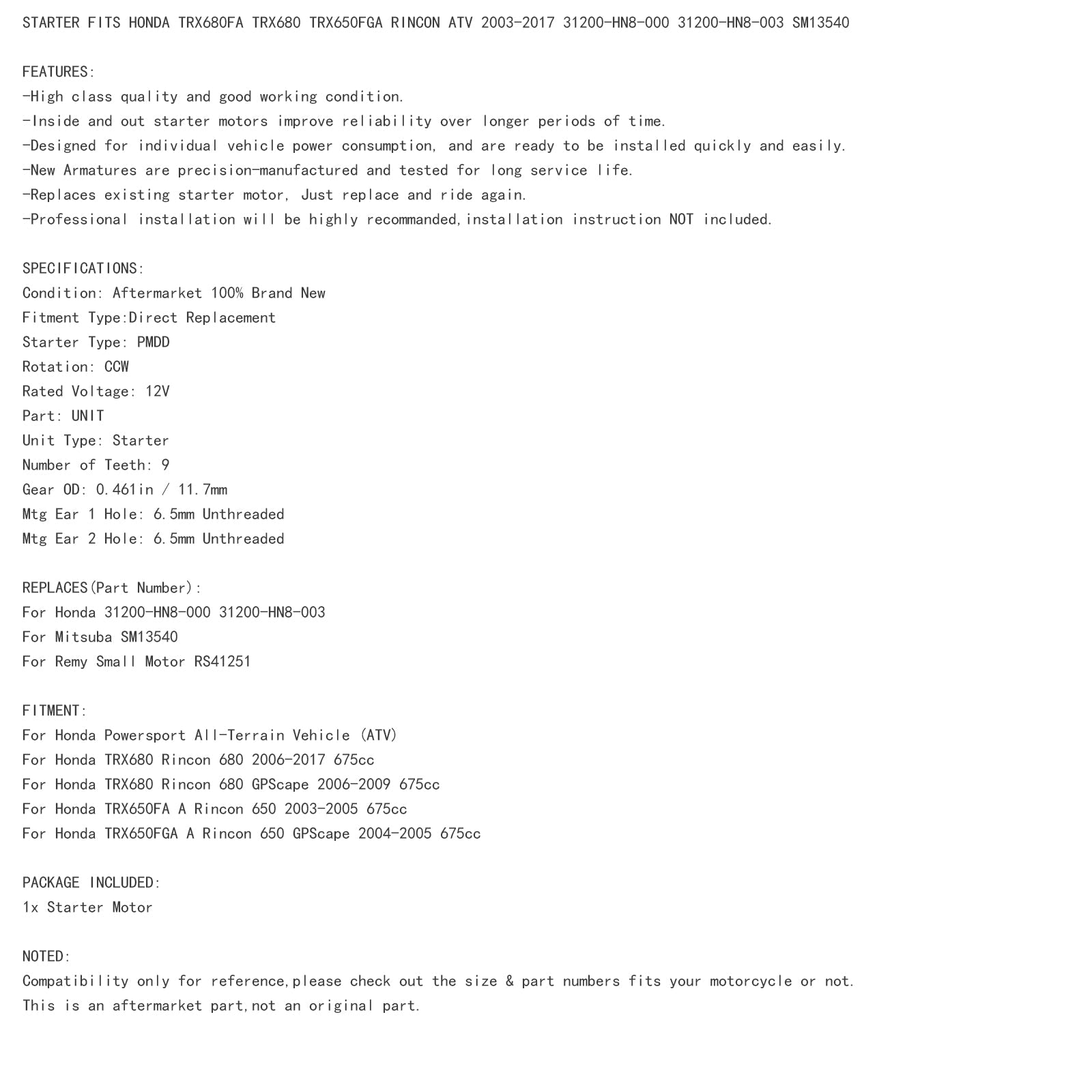 Nový štartér pre Honda 650 TRX650FA 680 TRX680FA Rincon, Pioneer 700 410-54065 Generic
