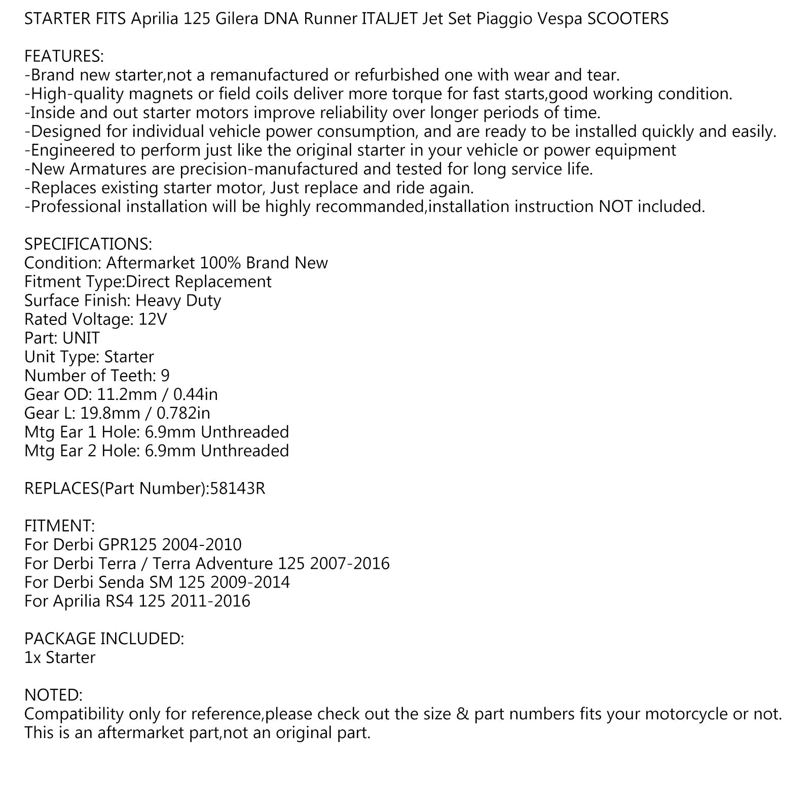 2007-2016 Derbi Terra/Terra Adventure 125 Nouveau démarreur 4t modèle 58143r