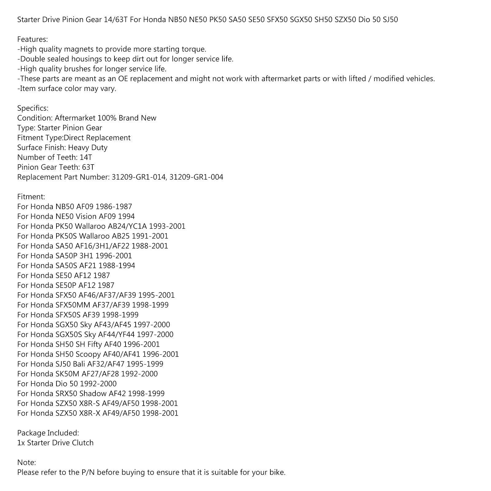 Štartovací pastorok 14/63t pre Honda SA50 Elite NB50 NE50 DIO SK50 NH50 WALLAROO GENERIC