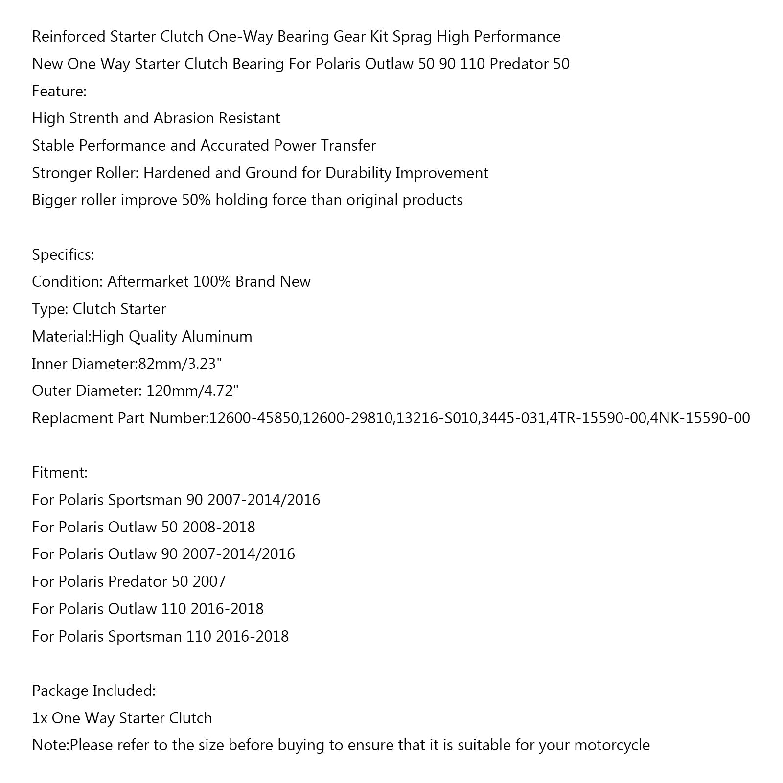Startkoppling Envägs lagerutrustningssats för Polaris Outlaw 50 90 110 Predator 50 Generic