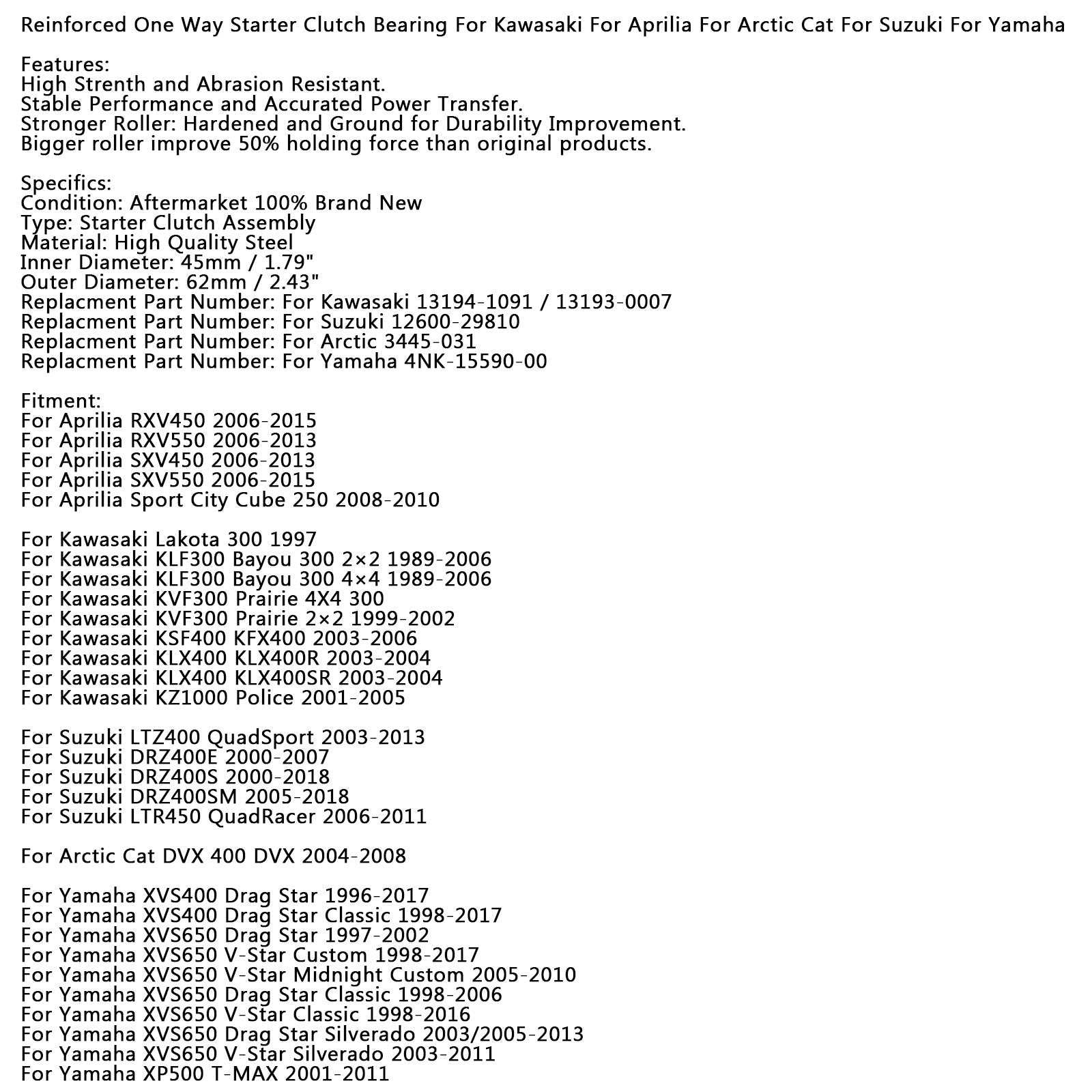 Jednosmerná štartérka spojka ložisko pre Yamaha XVS 400 650 950 1300 XVZ Drag V Star Generic