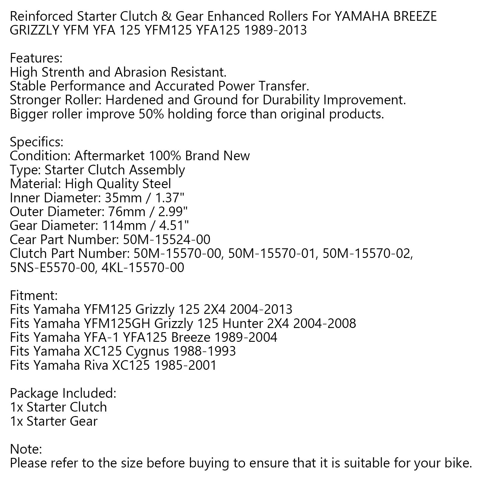 Starter Clutch Enhanced Rollers för Yamaha Breeze Grizzly 125 YFM125 YFA125 Generic