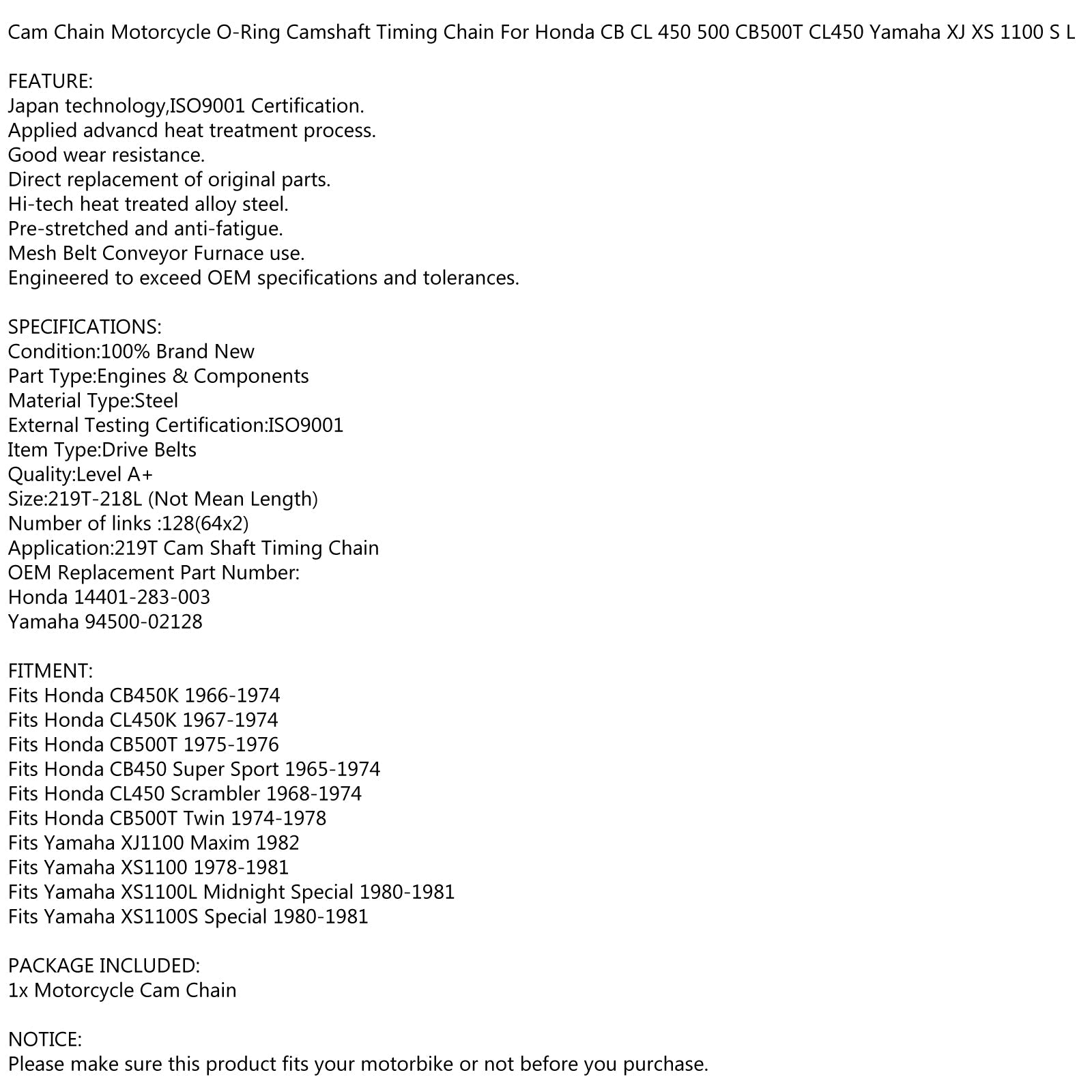 Chaîne de came de distribution 219T-128L pour Honda CB450 CL450 CB500T 1966-78 14401-283-003 générique