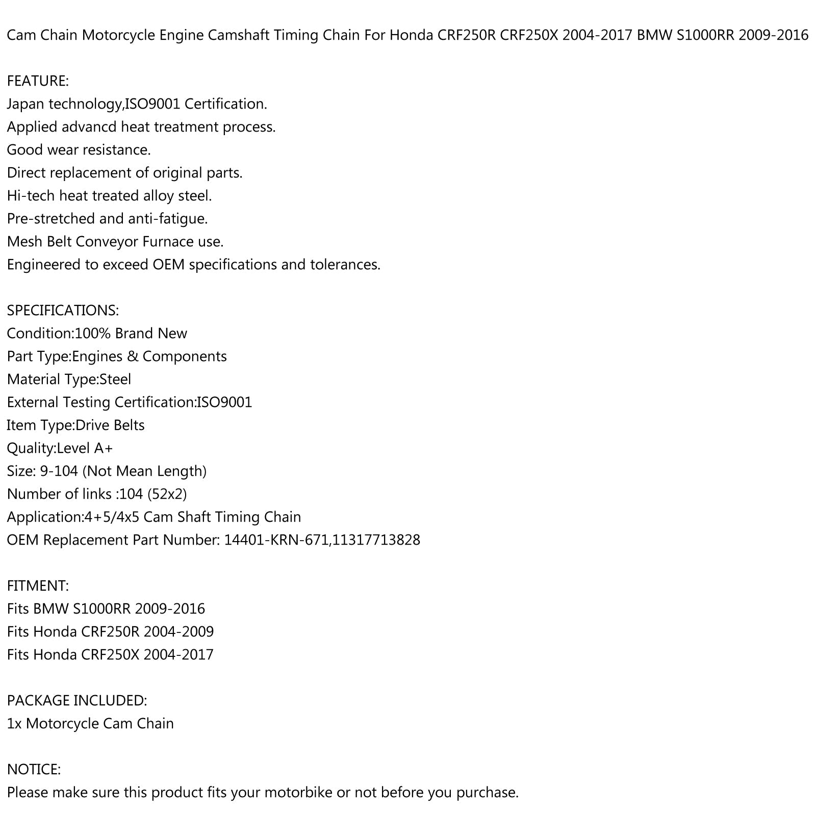 Cams Cam Timing Chain Fit for Honda CRF250R CRF 250R 04-09 CRF250X 2004-2017 Generic