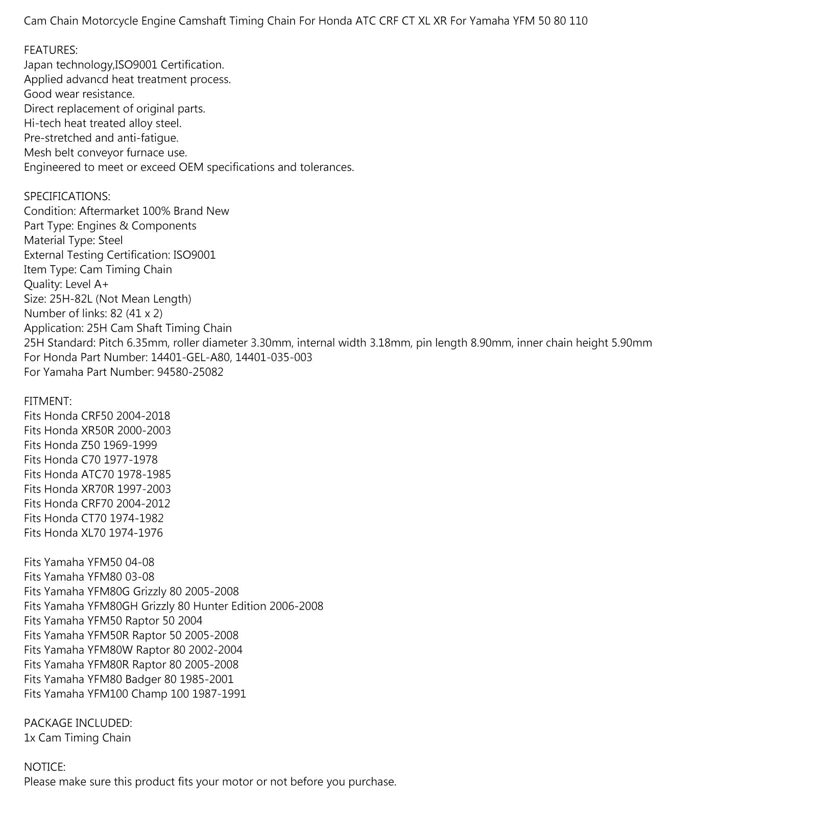 Chaîne de synchronisation CAM 82L pour Honda Z XR CRF CT XL SL CL ATC 50 70 # 14401-GEL-A80 GÉNÉRIC
