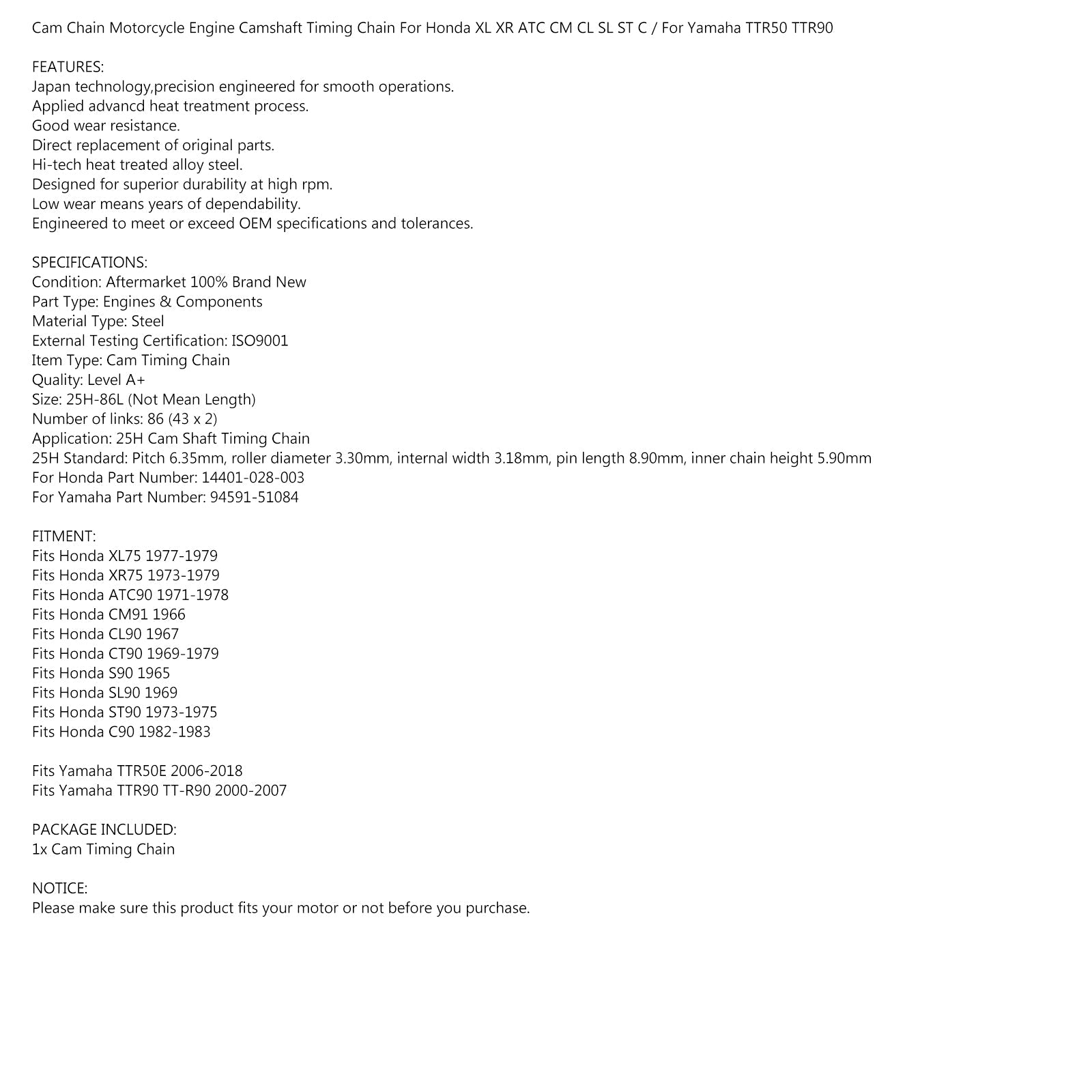 Cam Timing Chain 86L pour Honda CT9 C ST S CL CM ATC 90 1965-83 # 14401-028-003 Générique