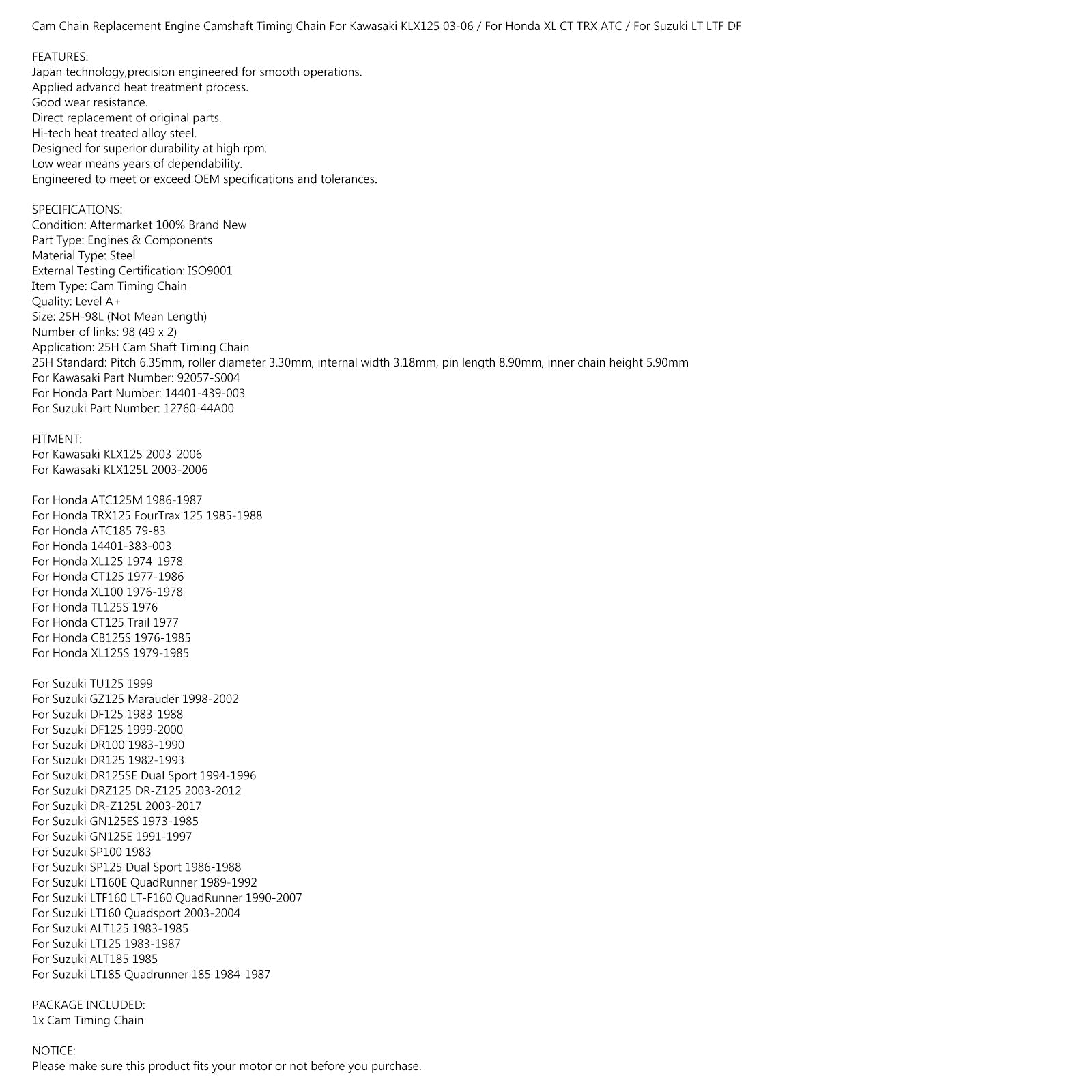Timing Cam Chain 25H-98L för Honda ATC125 M FourTrax 125 TRX125 Hawk 145 NX125 Generic