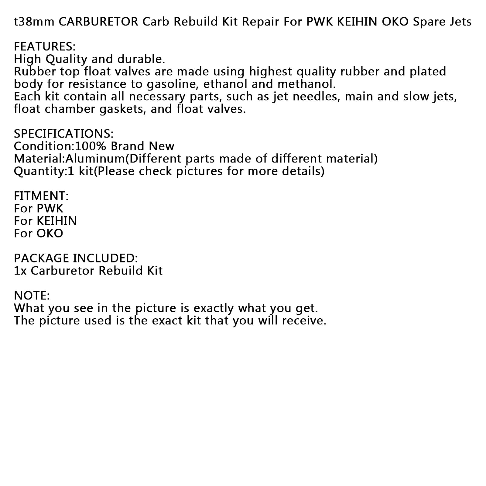 38mm motorcykelförgasare reparation ombyggnadssats passar för Pwk Keihin Oko reservstrålar generiska