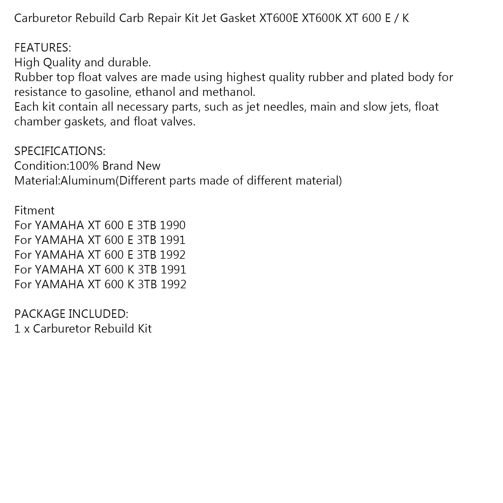 Karburátor Rebuild Repair Set Jet Kit pre Yamaha X600 XT 600 E/XT 600 K 90-92 Generic