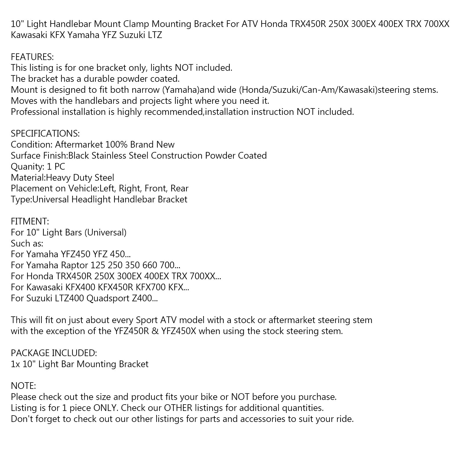 Support de guidon universel ATV 10 lumières, pour Honda TRX450R Yamaha YFZ450 générique